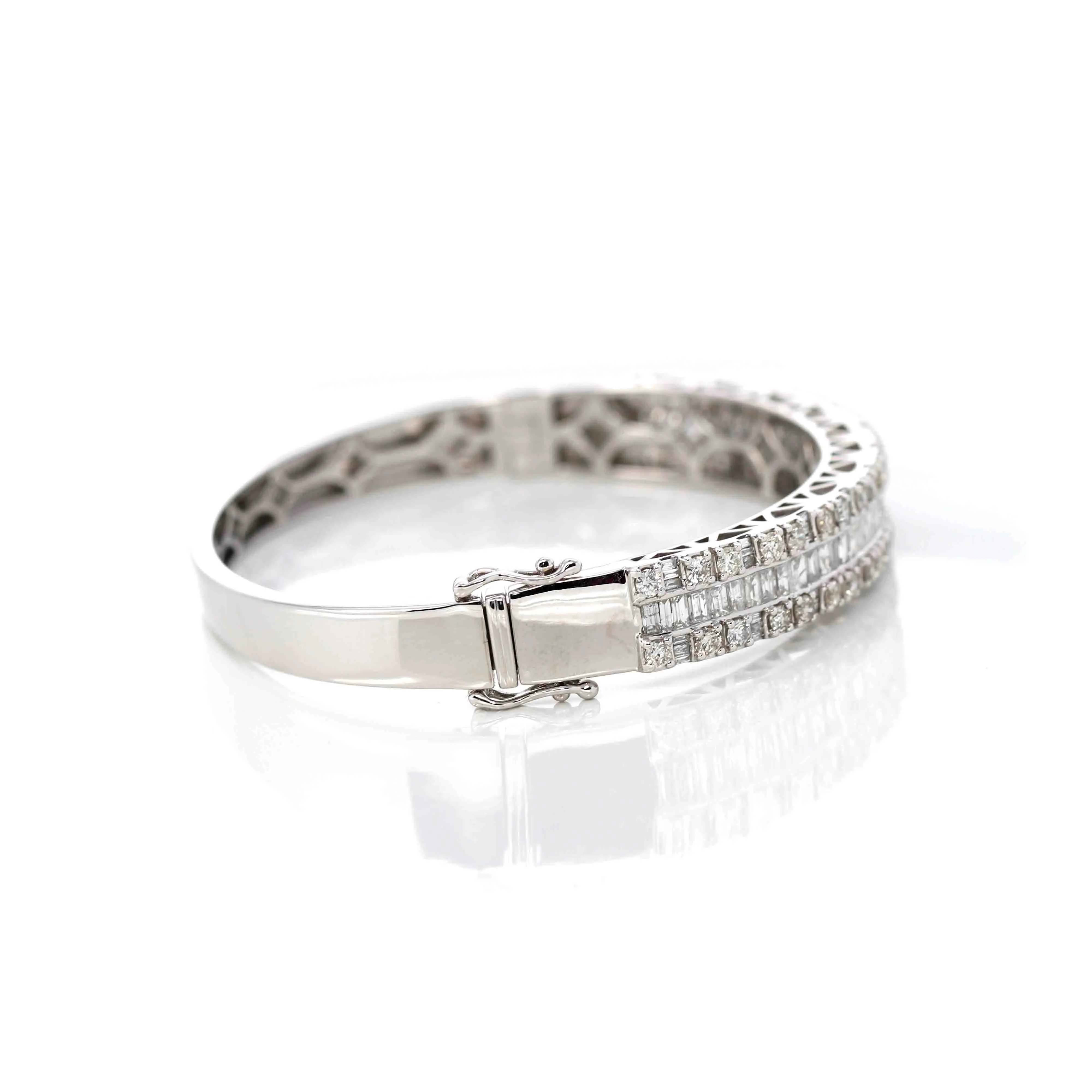 10k White Gold Channel set baguette& round diamonds Oval Bangle Bracelet