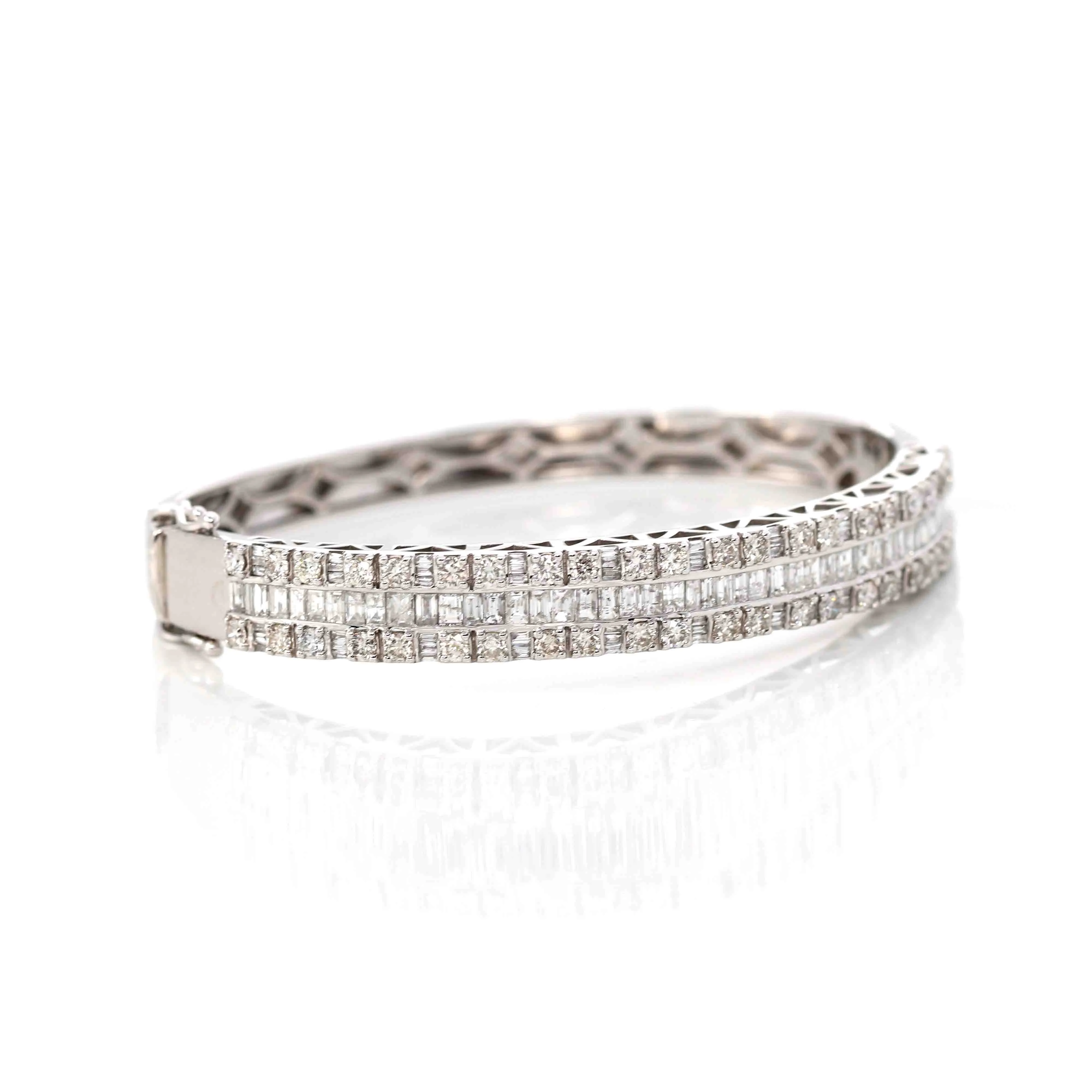 10k White Gold Channel set baguette& round diamonds Oval Bangle Bracelet