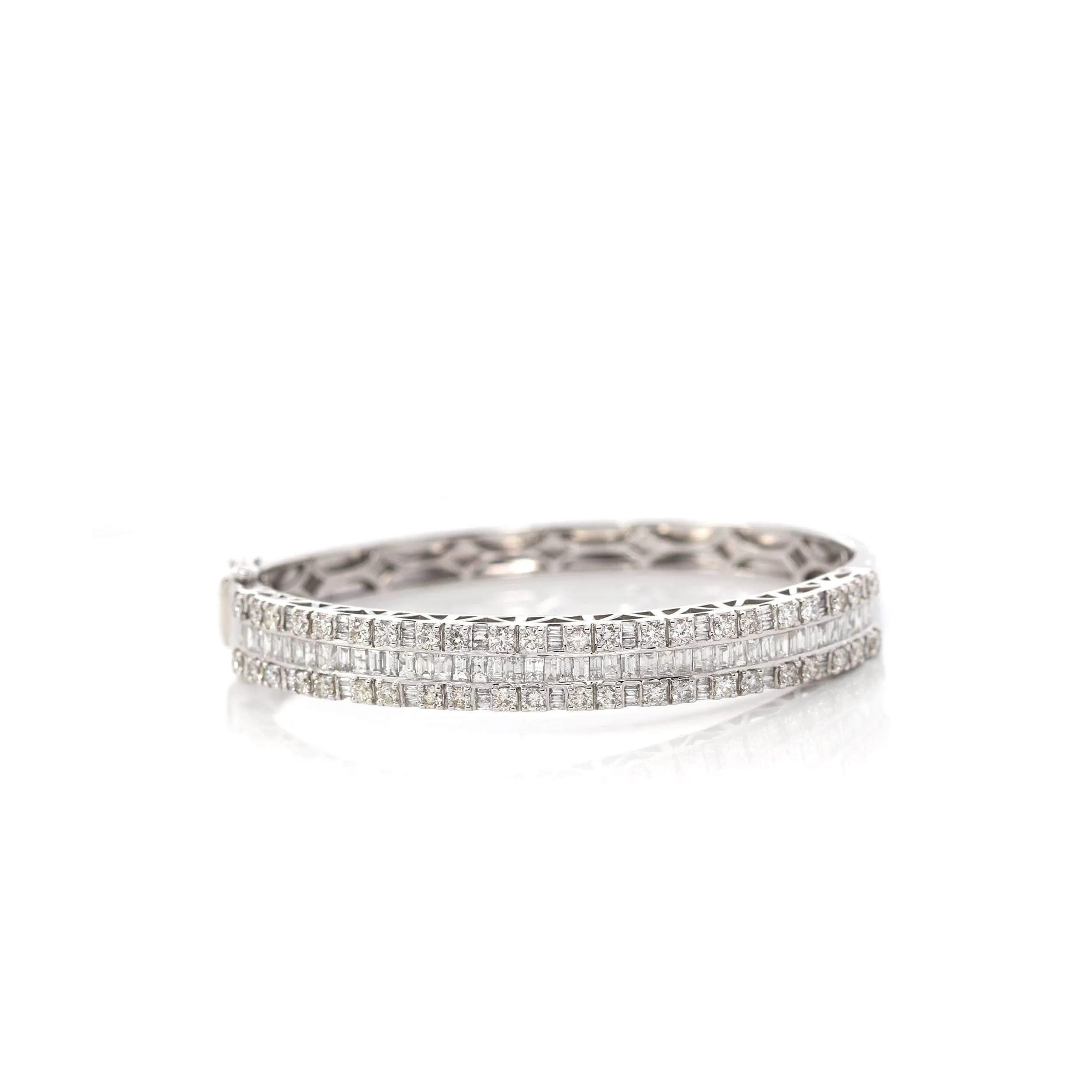 10k White Gold Channel set baguette& round diamonds Oval Bangle Bracelet
