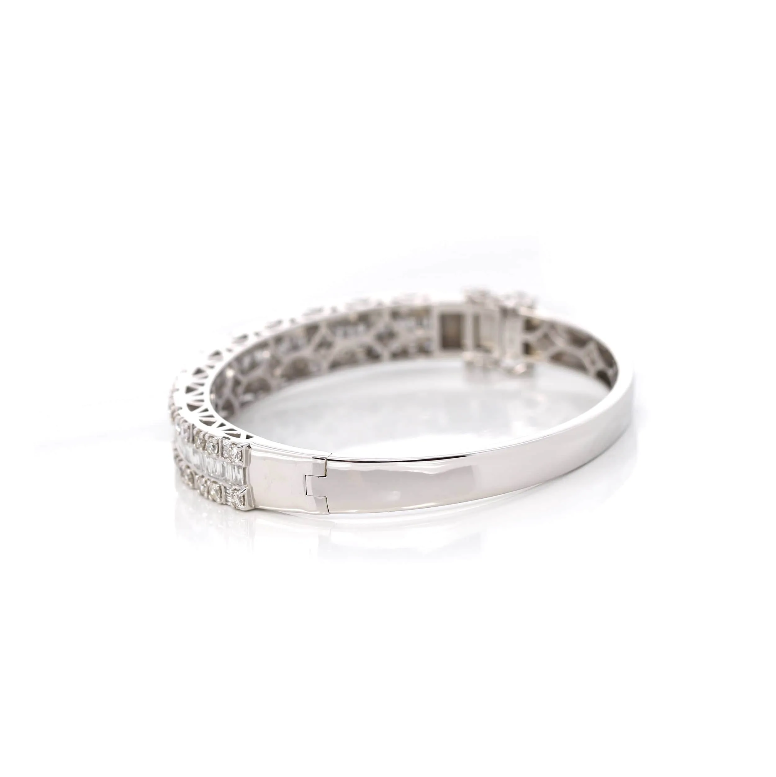 10k White Gold Channel set baguette& round diamonds Oval Bangle Bracelet