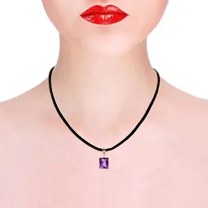 14K Solid Rose Gold & Leather Diamond/Purple Amethyst Square Cut Necklace