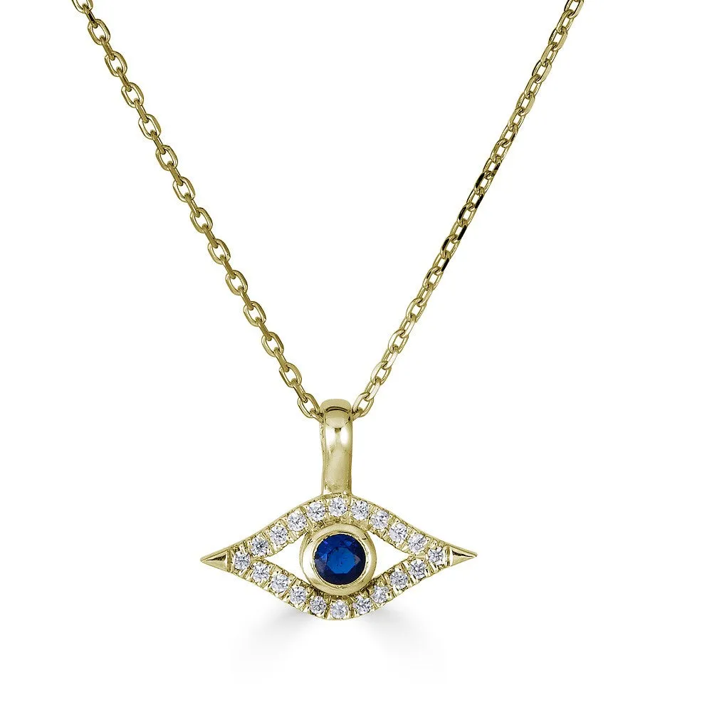 14KT GOLD 0.16CTW SAPPHIRE & DIAMOND EVIL EYE NECKLACE