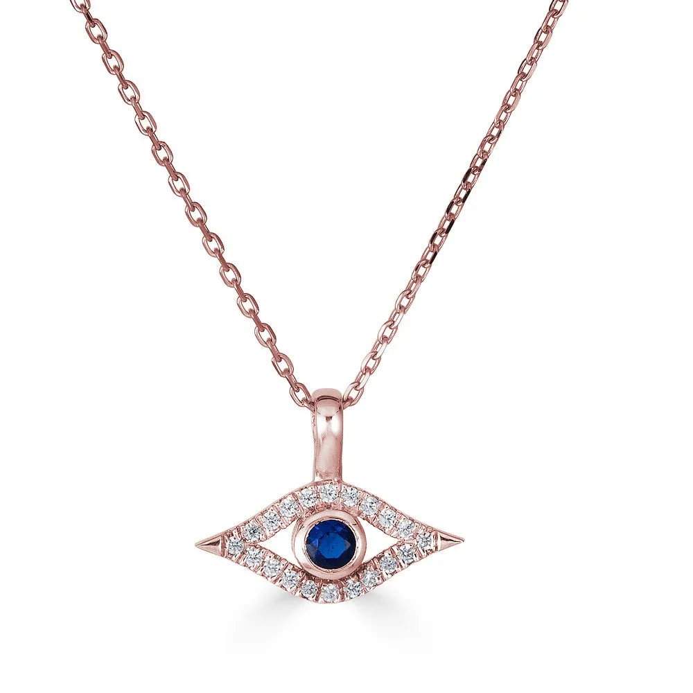 14KT GOLD 0.16CTW SAPPHIRE & DIAMOND EVIL EYE NECKLACE