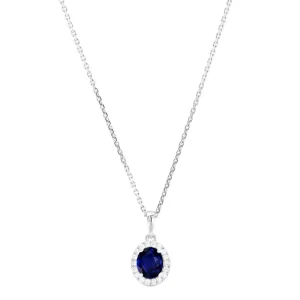 18ct White Gold 0.65ct Oval Sapphire and 0.10ct Diamond Halo Necklace