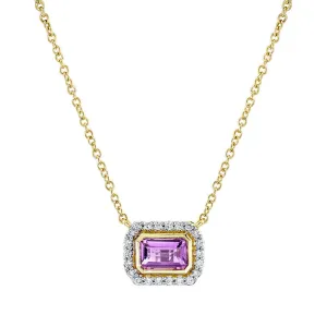 18K Gold Diamond Halo Amethyst Pendant Necklace