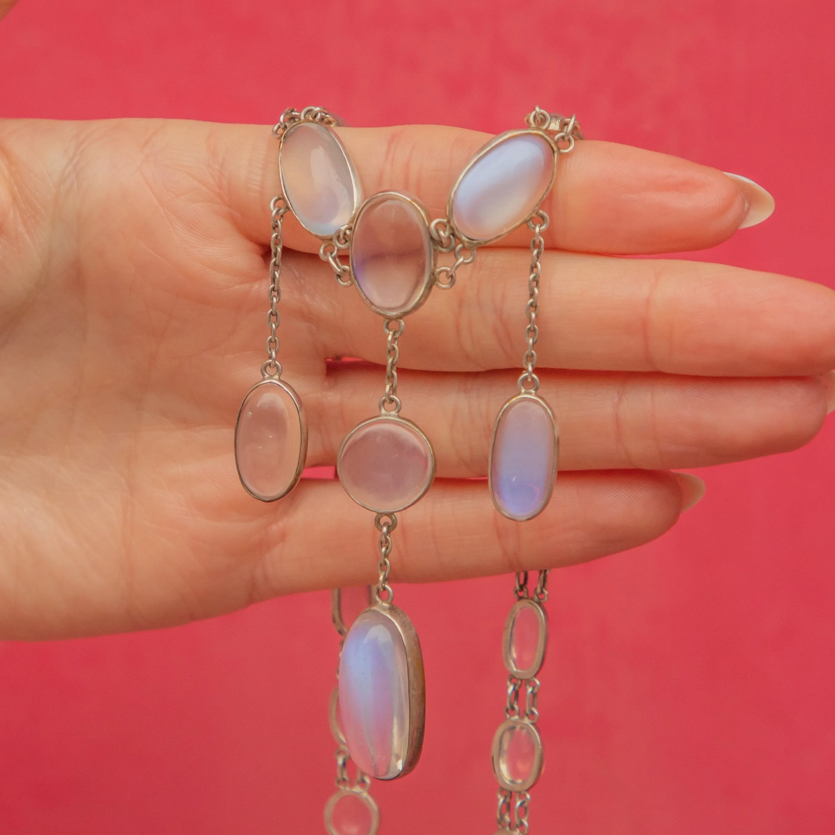 18" British Arts & Crafts Silver Moonstone Necklace, 71.70ct