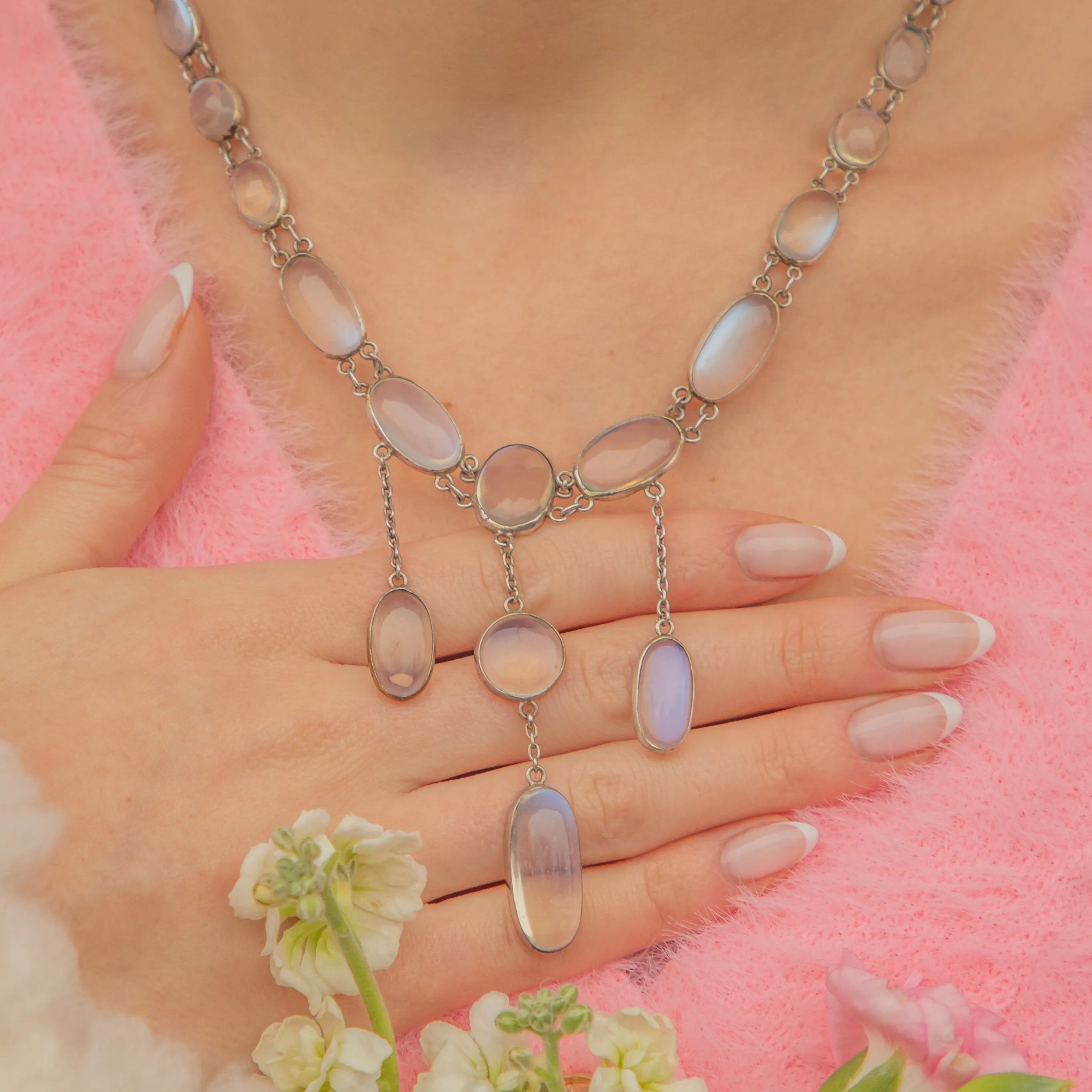 18" British Arts & Crafts Silver Moonstone Necklace, 71.70ct