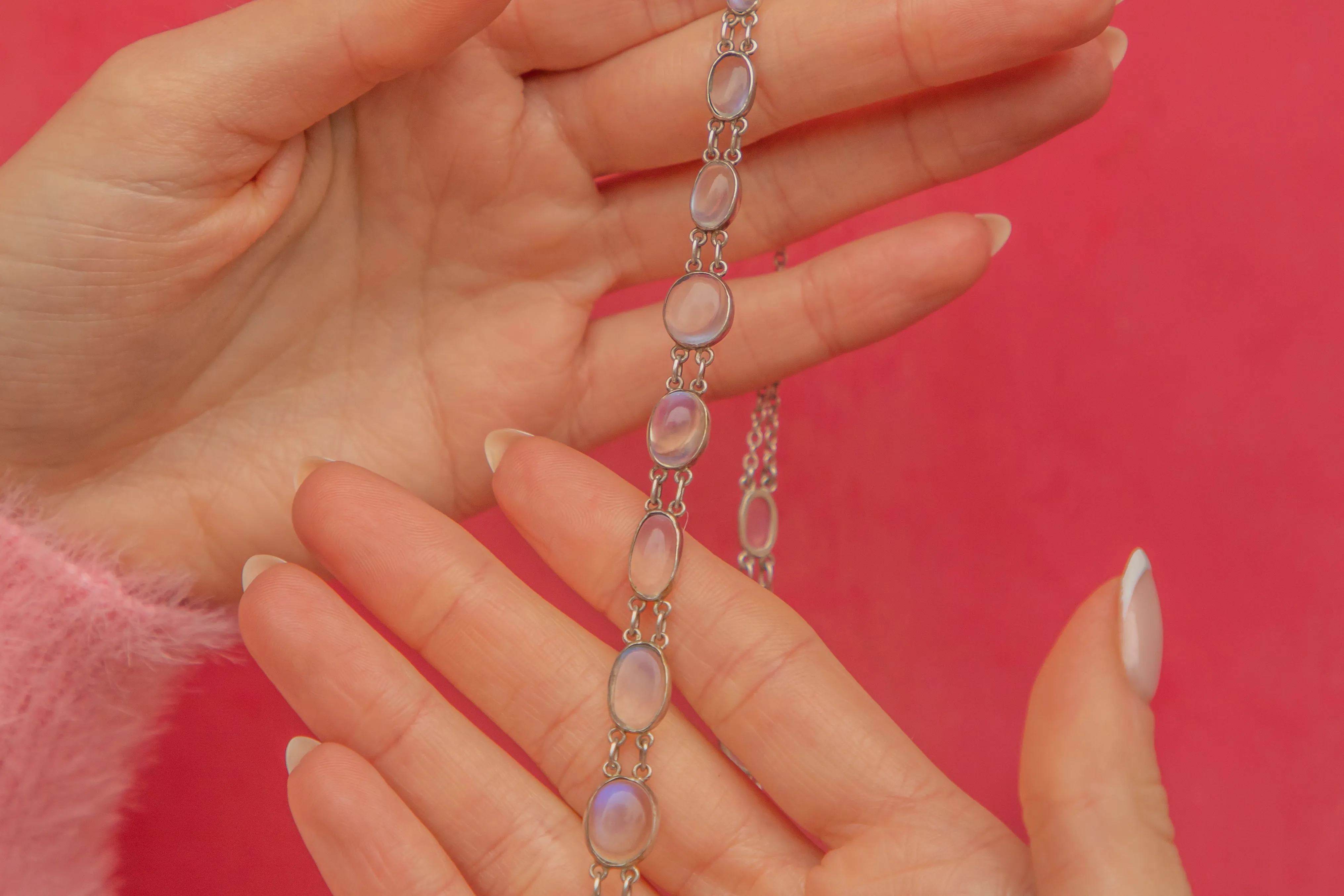 18" British Arts & Crafts Silver Moonstone Necklace, 71.70ct