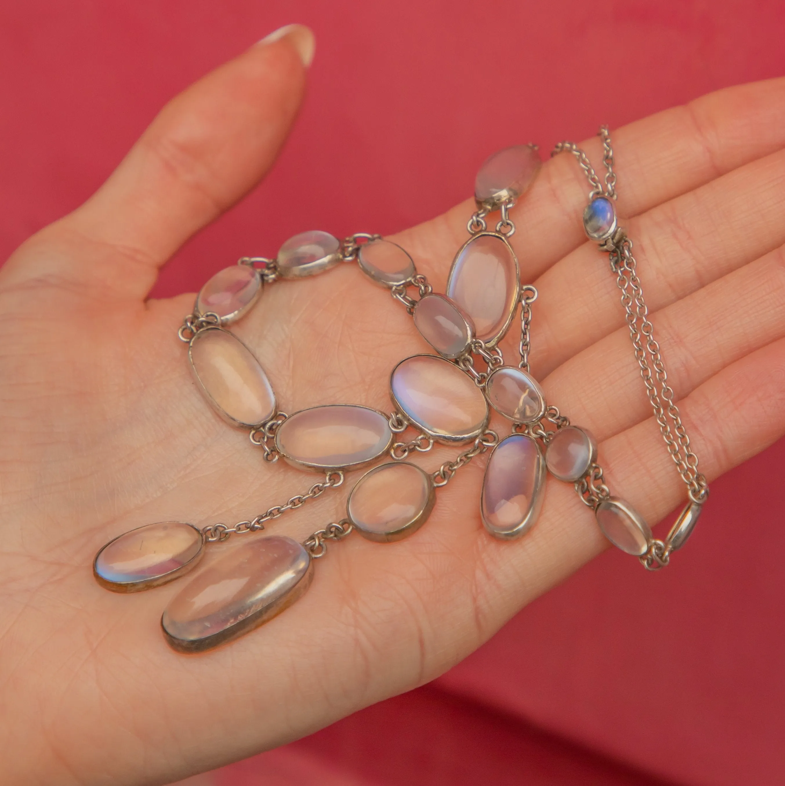 18" British Arts & Crafts Silver Moonstone Necklace, 71.70ct