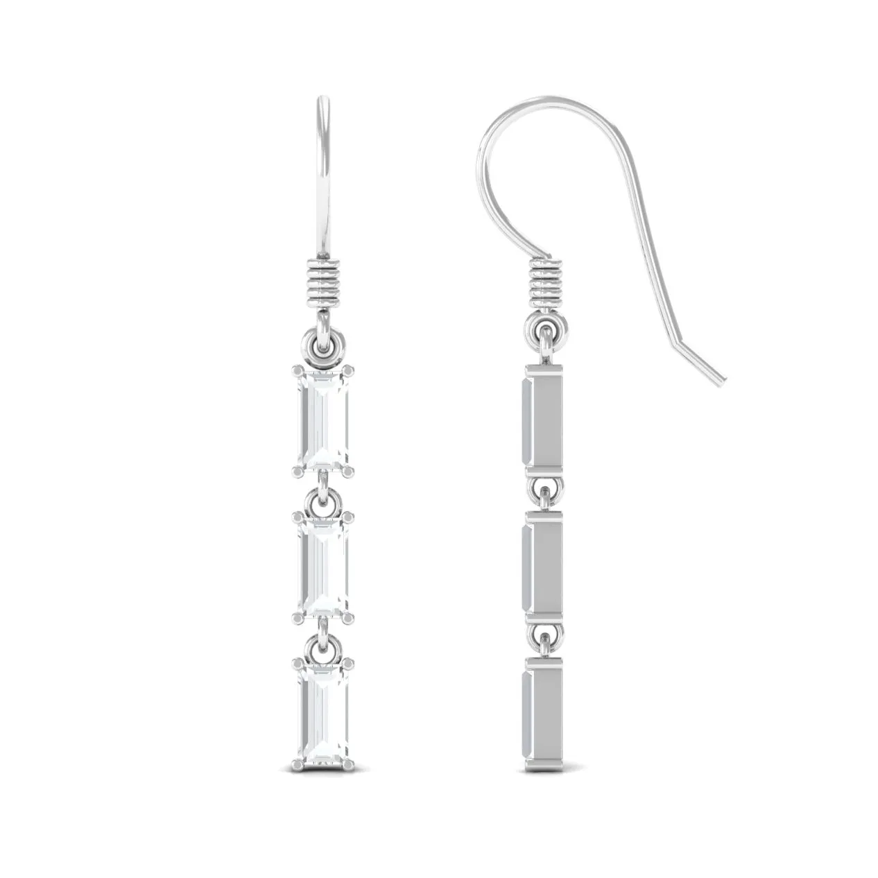 2 CT Baguette Cut Zircon Three Stone Dangle Earrings