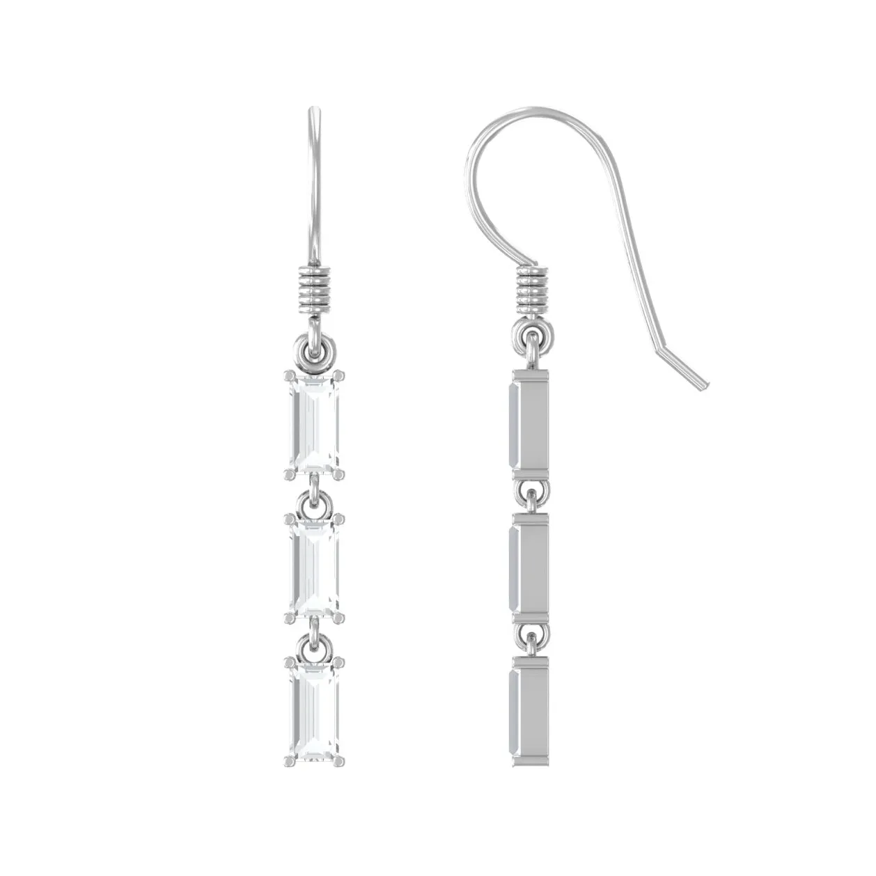 2 CT Baguette Cut Zircon Three Stone Dangle Earrings
