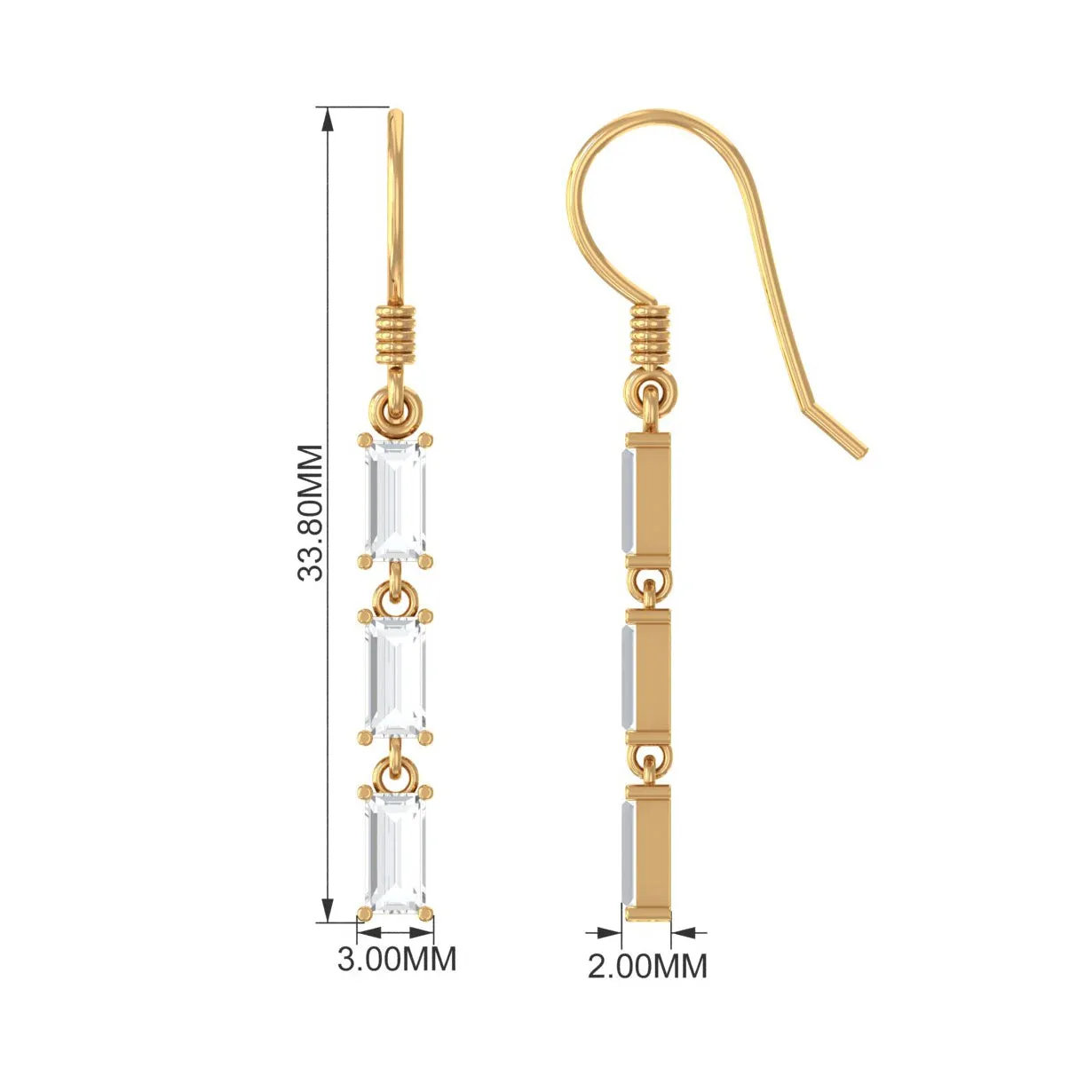 2 CT Baguette Cut Zircon Three Stone Dangle Earrings