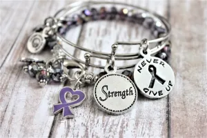3 Bracelet Set Fibromyalgia Awareness Ribbon Never Give Up And Strength Expandable Bangle Bracelet Splash Of Color Set