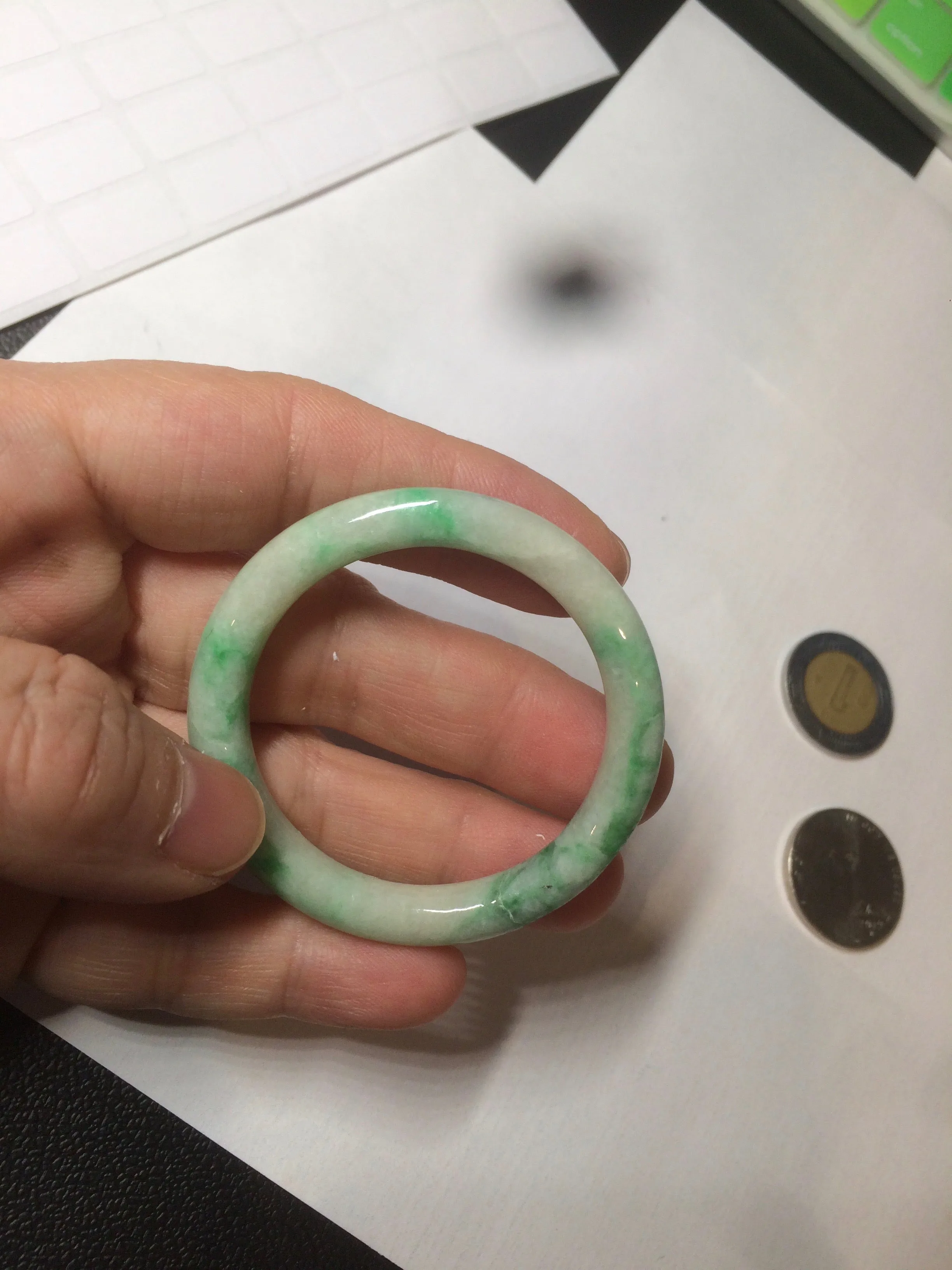 35-38mm Type A 100% Natural sunny green/white Jadeite Jade kids bangle /scarf button group BF100