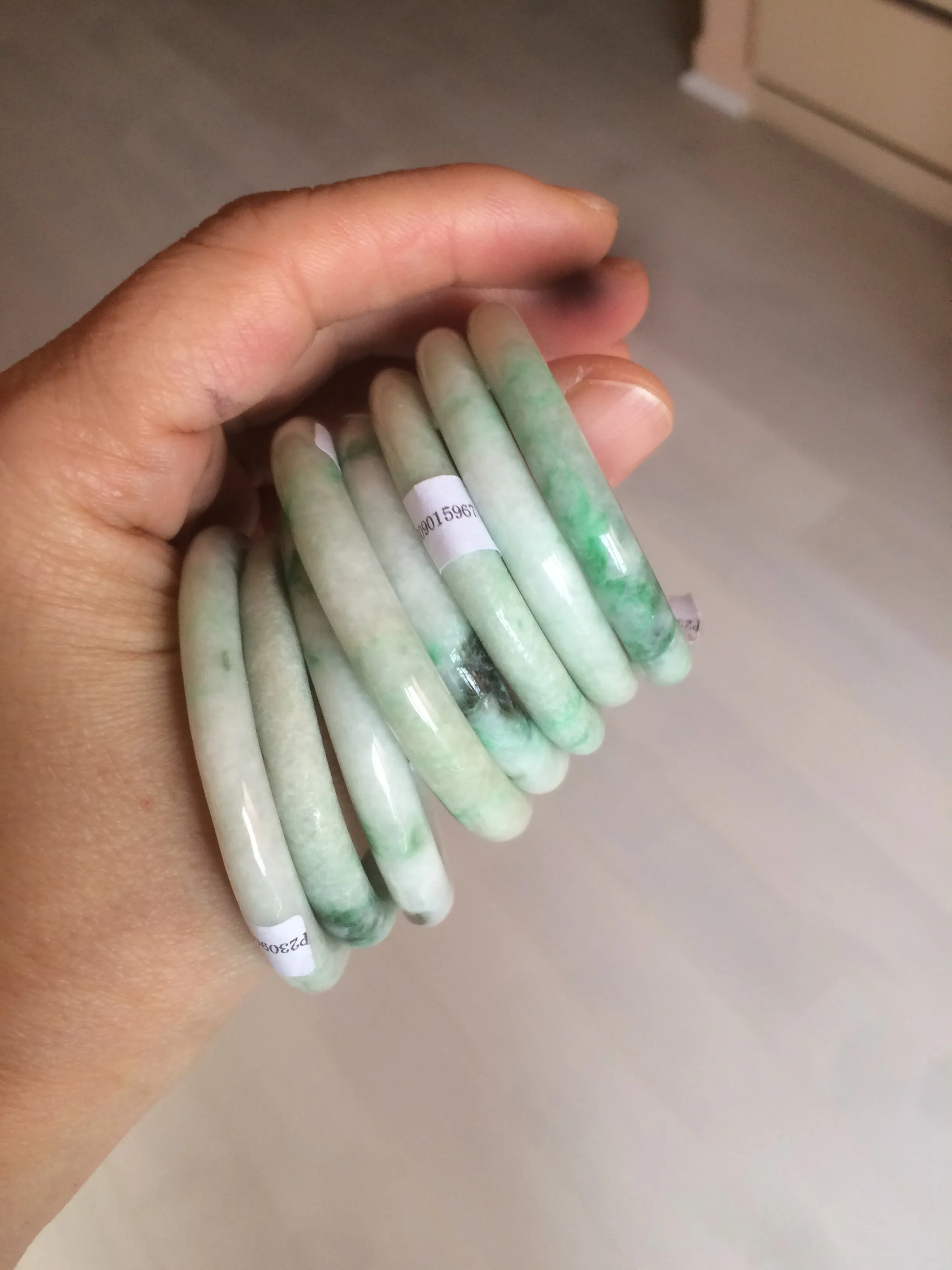 35-38mm Type A 100% Natural sunny green/white Jadeite Jade kids bangle /scarf button group BF100