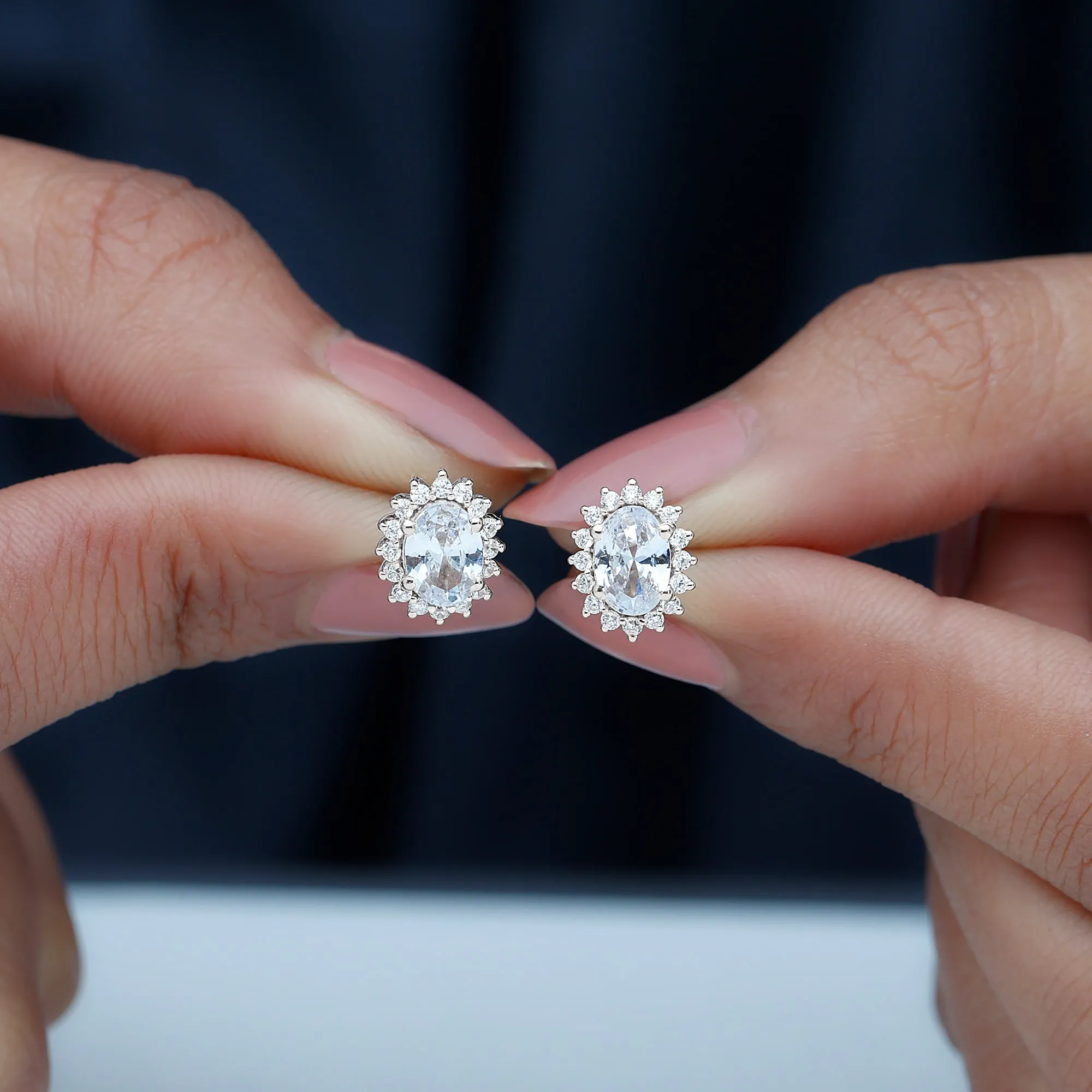 4 CT Oval Zircon Classic Halo Stud Earrings in Gold
