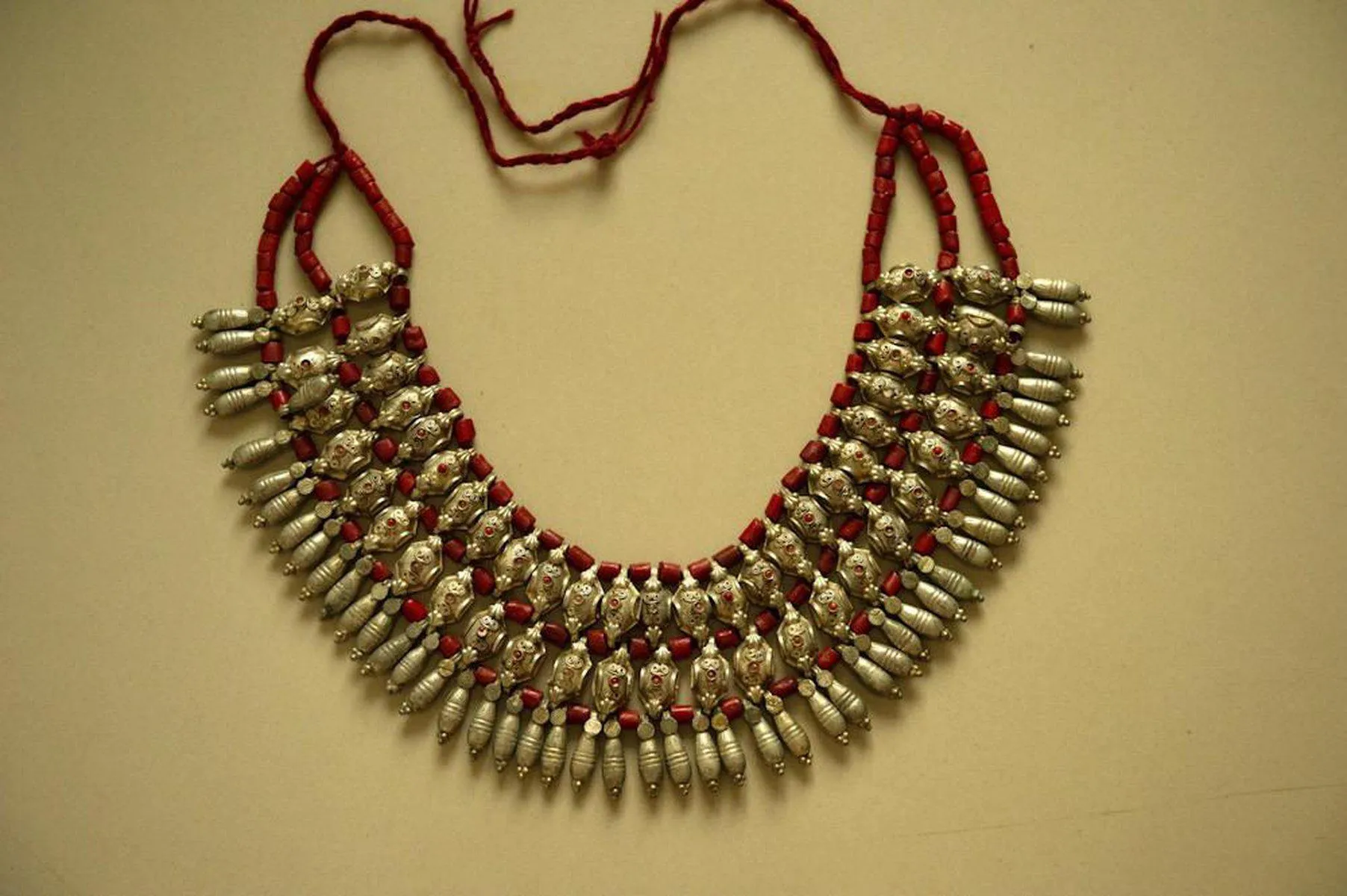 485 SOLD Rare Old Silver Heirloom Coral Necklace Jewelry from Chanthang Ladakh