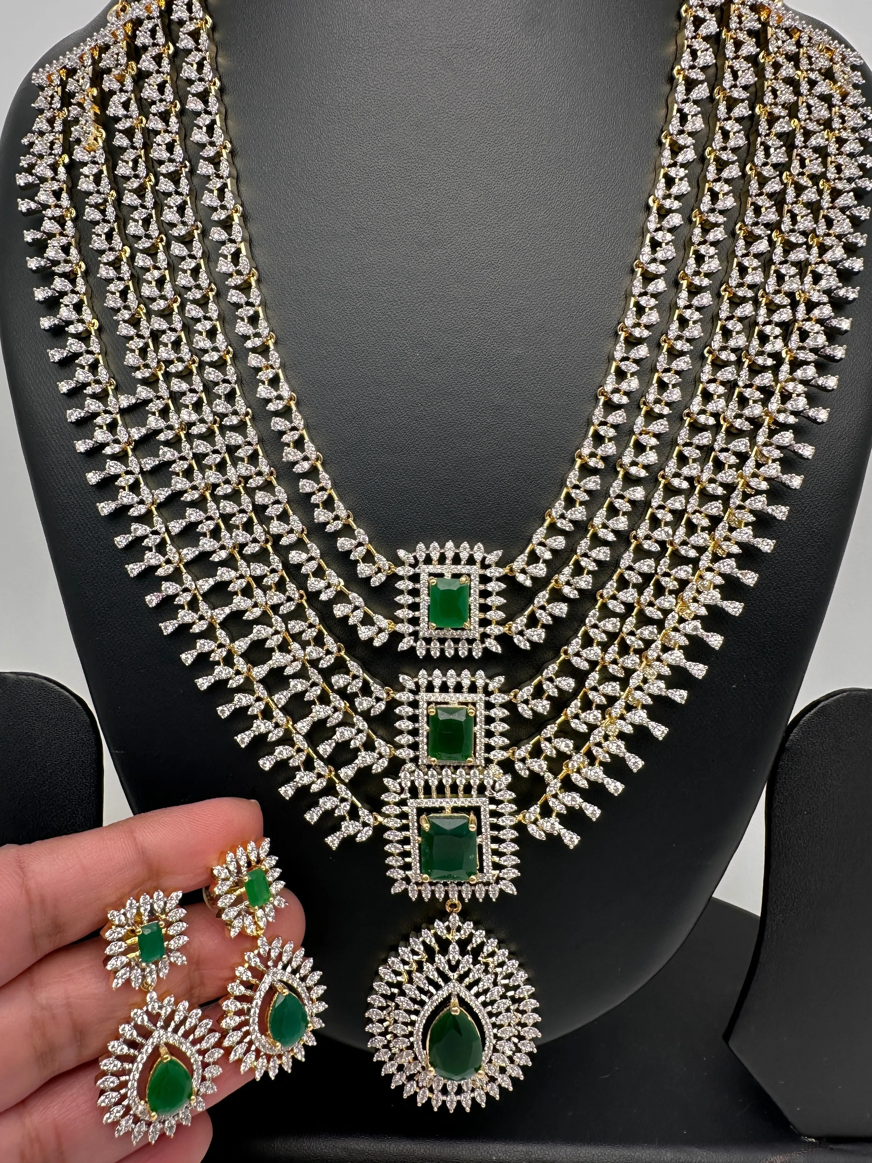 AD Diamond Finish Emerald Green Multi Layer Short Necklace