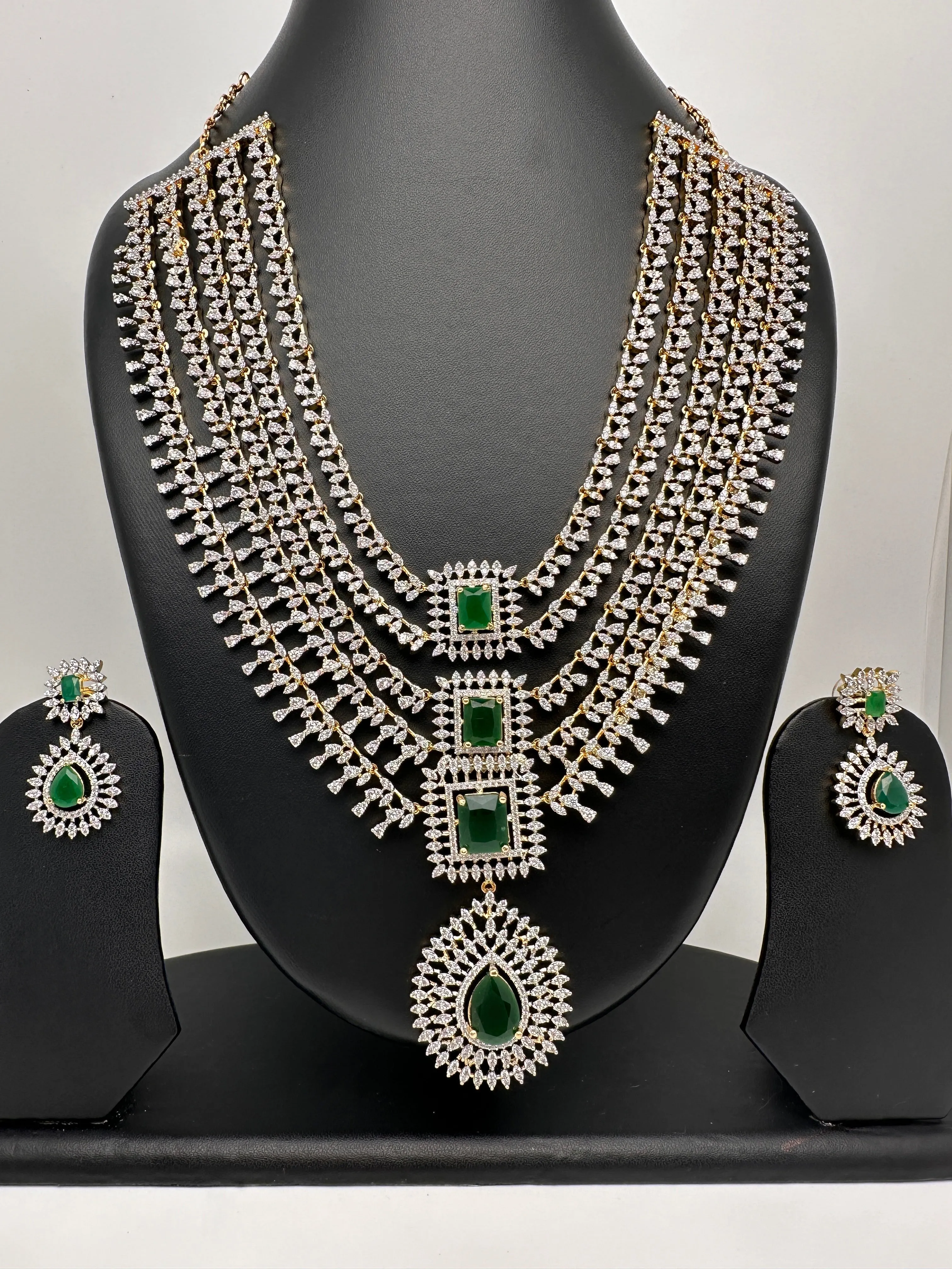 AD Diamond Finish Emerald Green Multi Layer Short Necklace