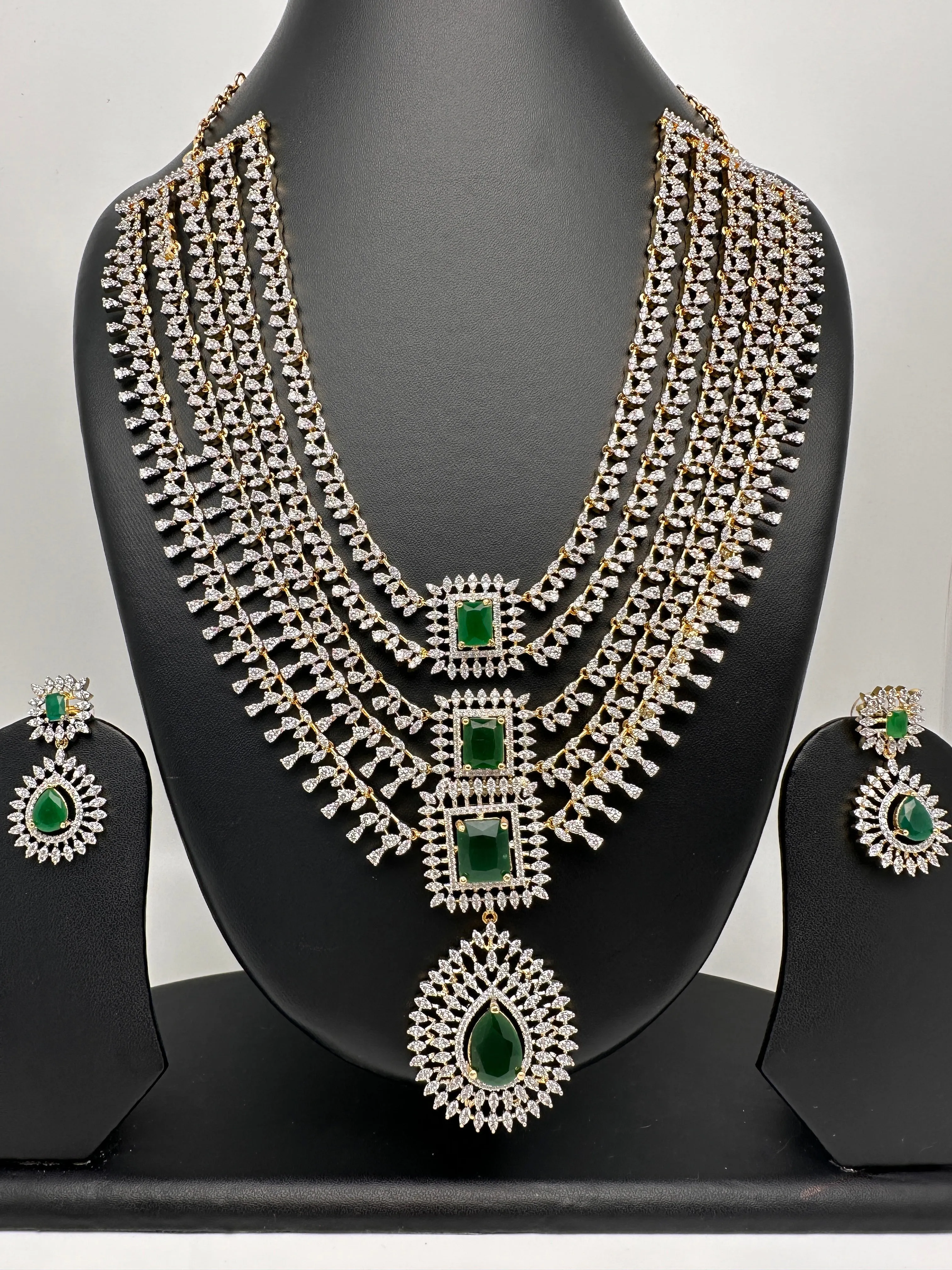 AD Diamond Finish Emerald Green Multi Layer Short Necklace
