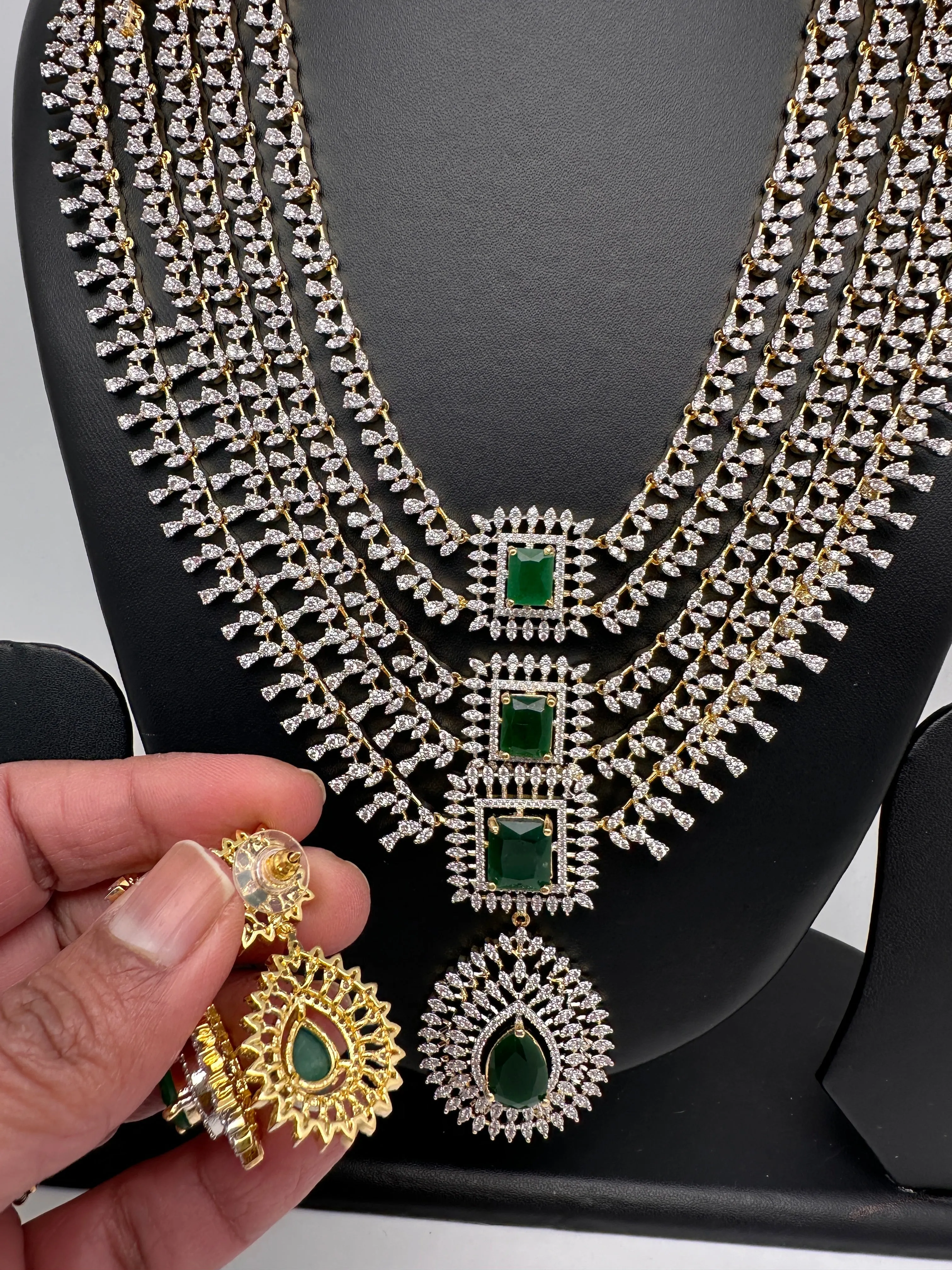 AD Diamond Finish Emerald Green Multi Layer Short Necklace