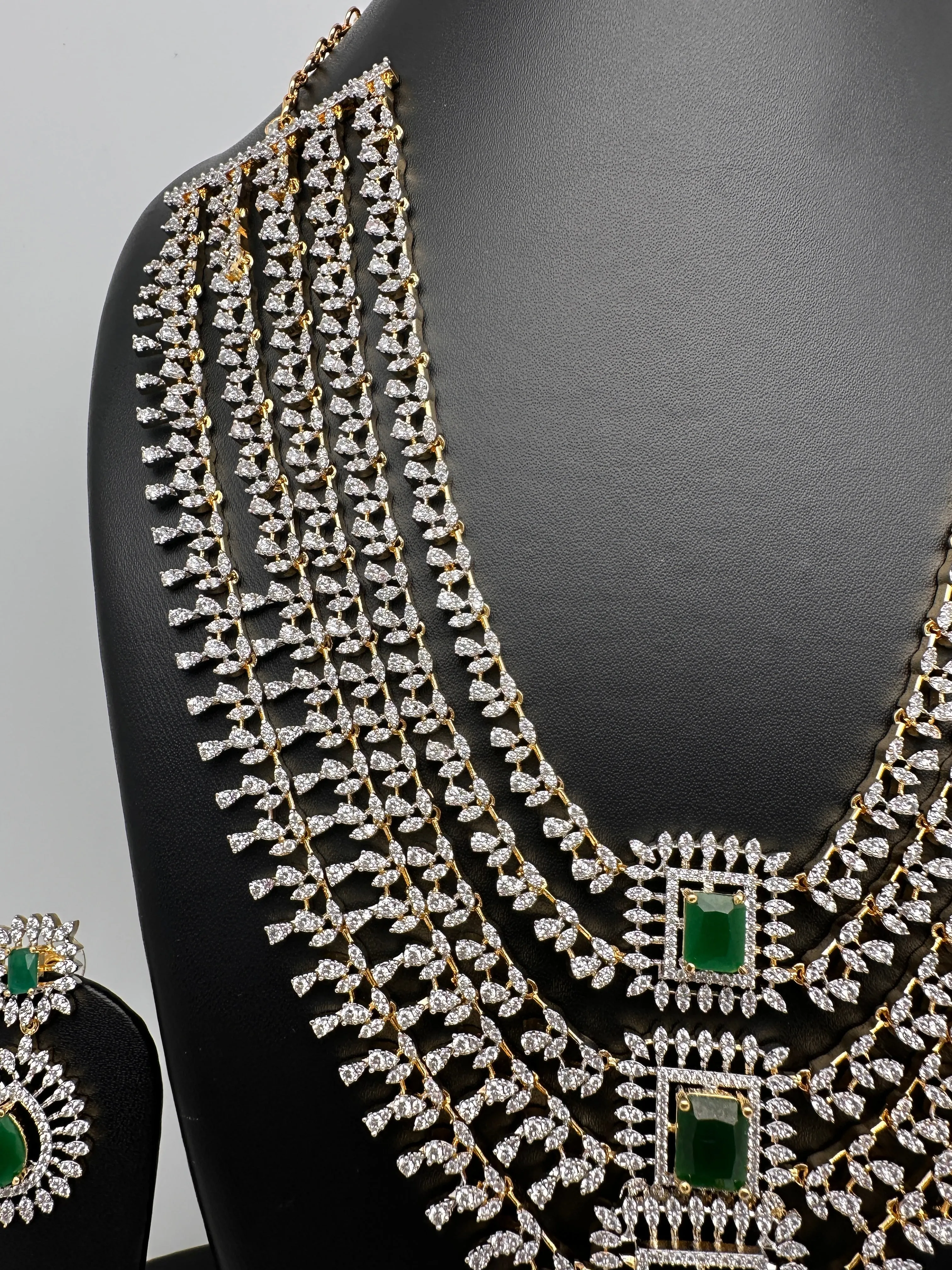 AD Diamond Finish Emerald Green Multi Layer Short Necklace