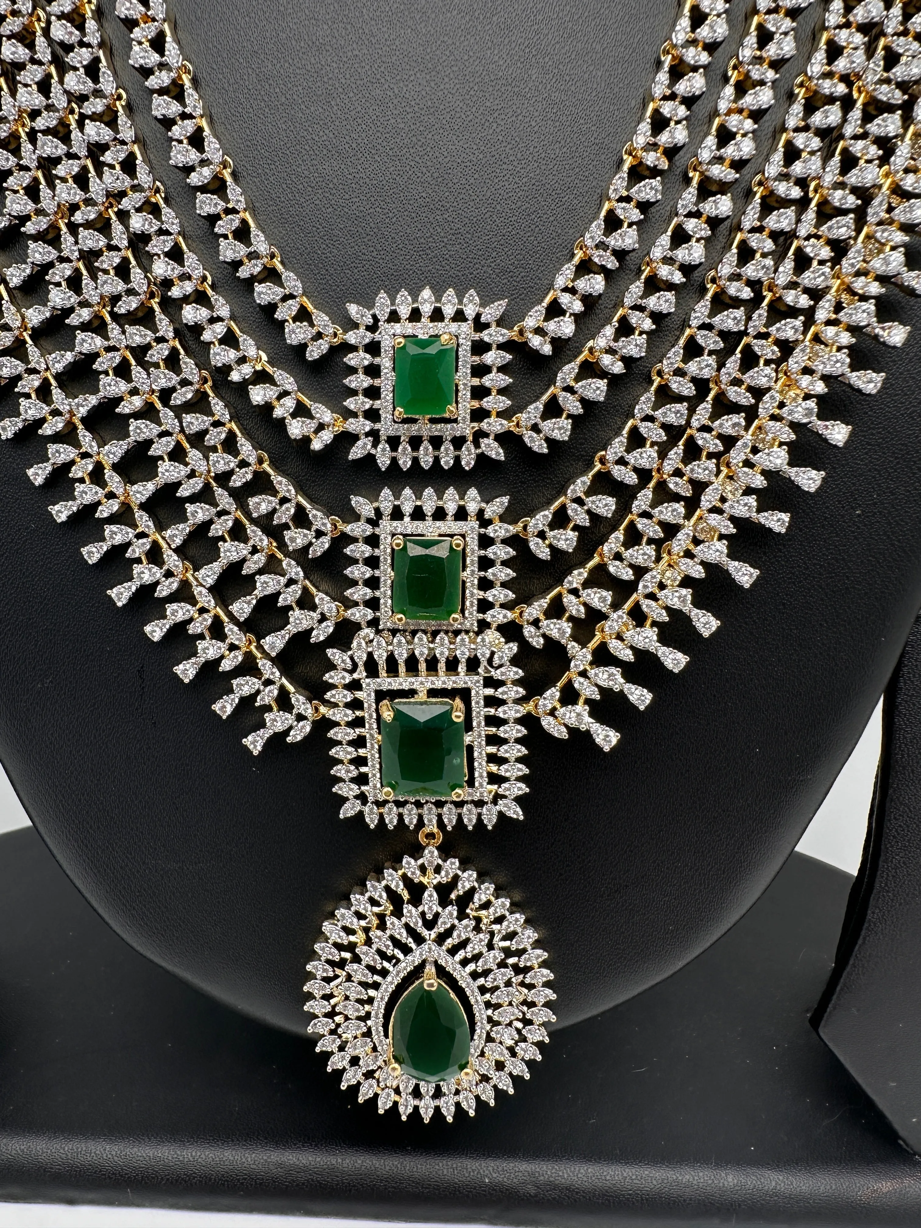 AD Diamond Finish Emerald Green Multi Layer Short Necklace