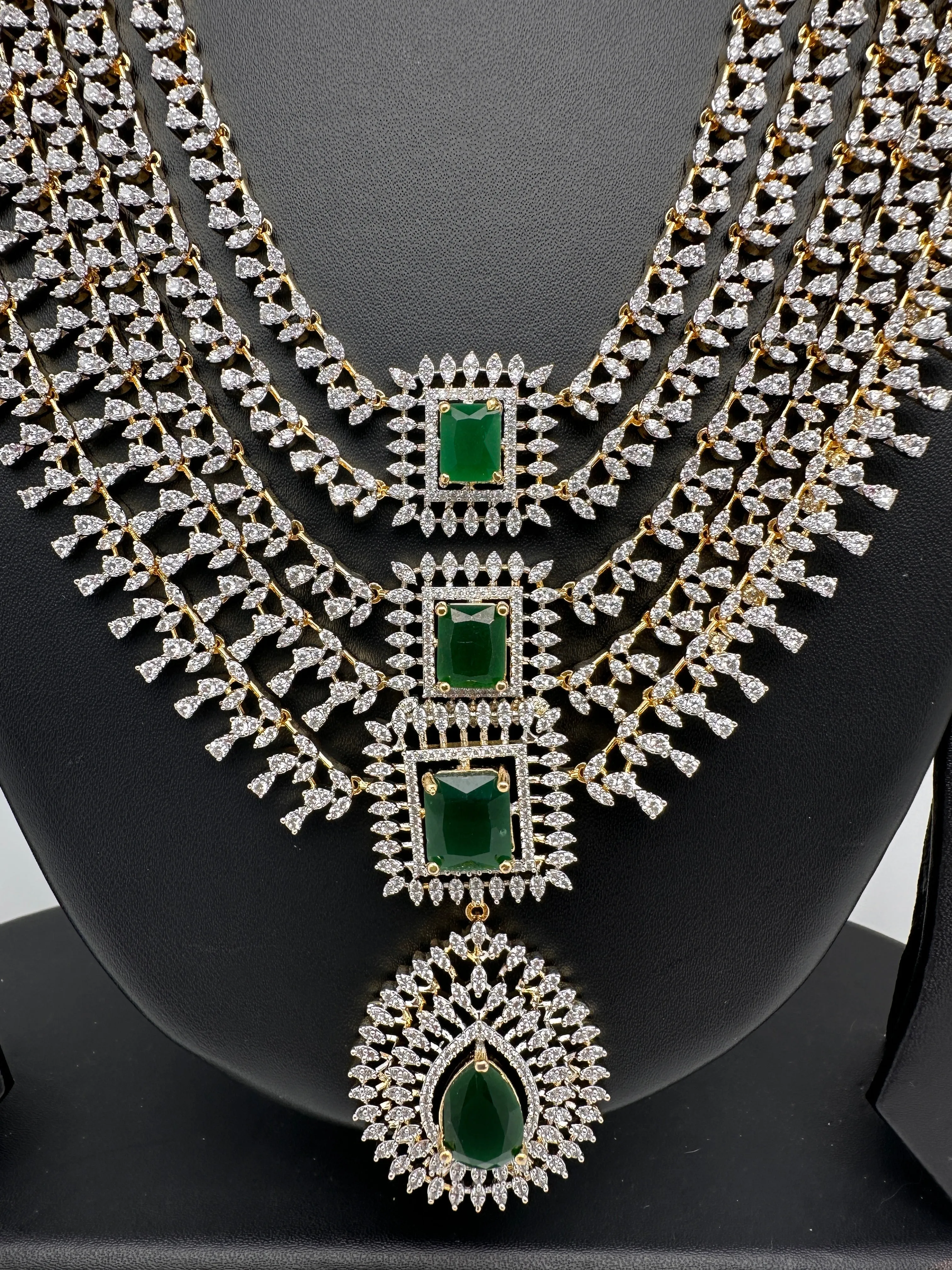 AD Diamond Finish Emerald Green Multi Layer Short Necklace