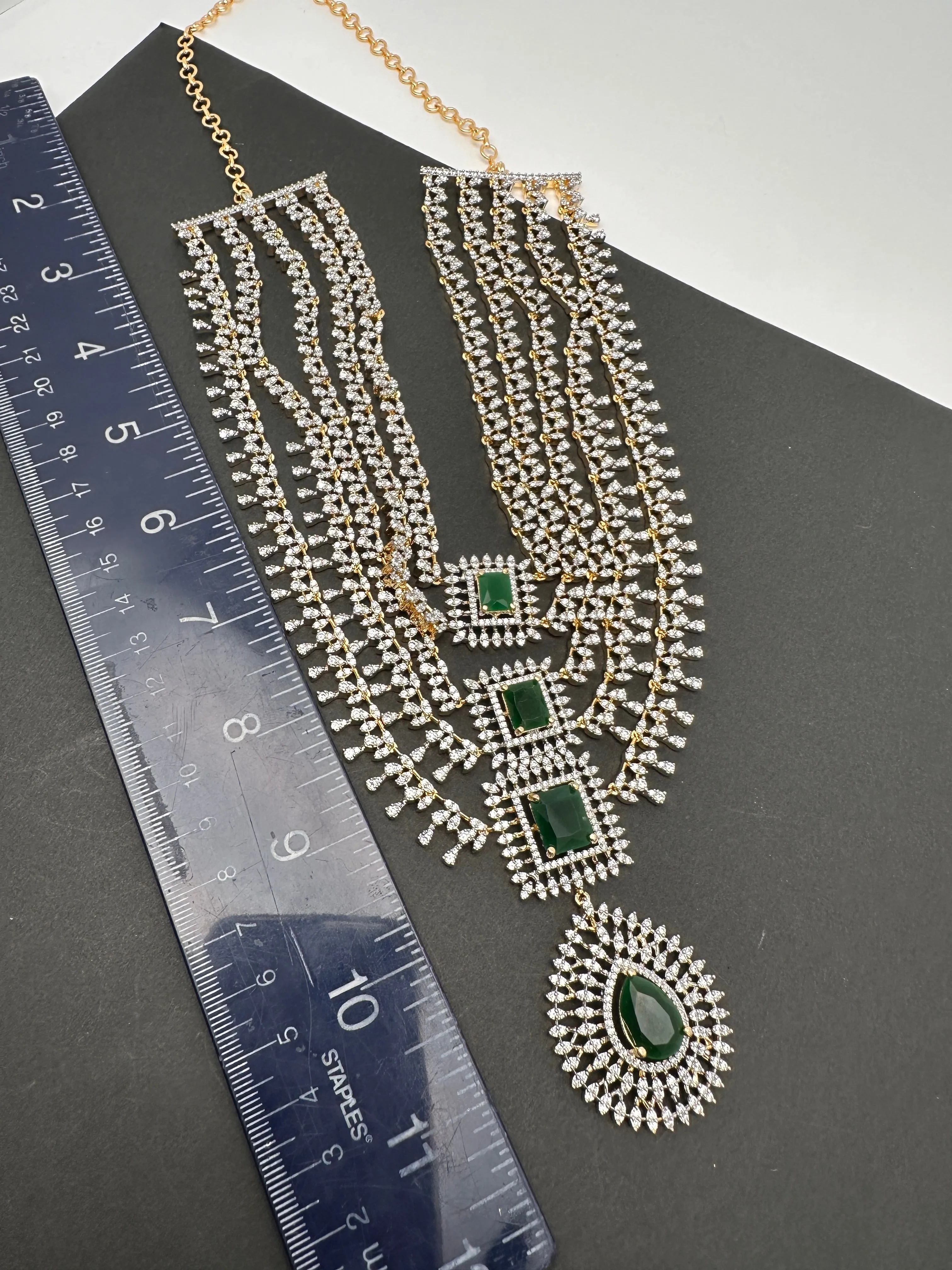 AD Diamond Finish Emerald Green Multi Layer Short Necklace