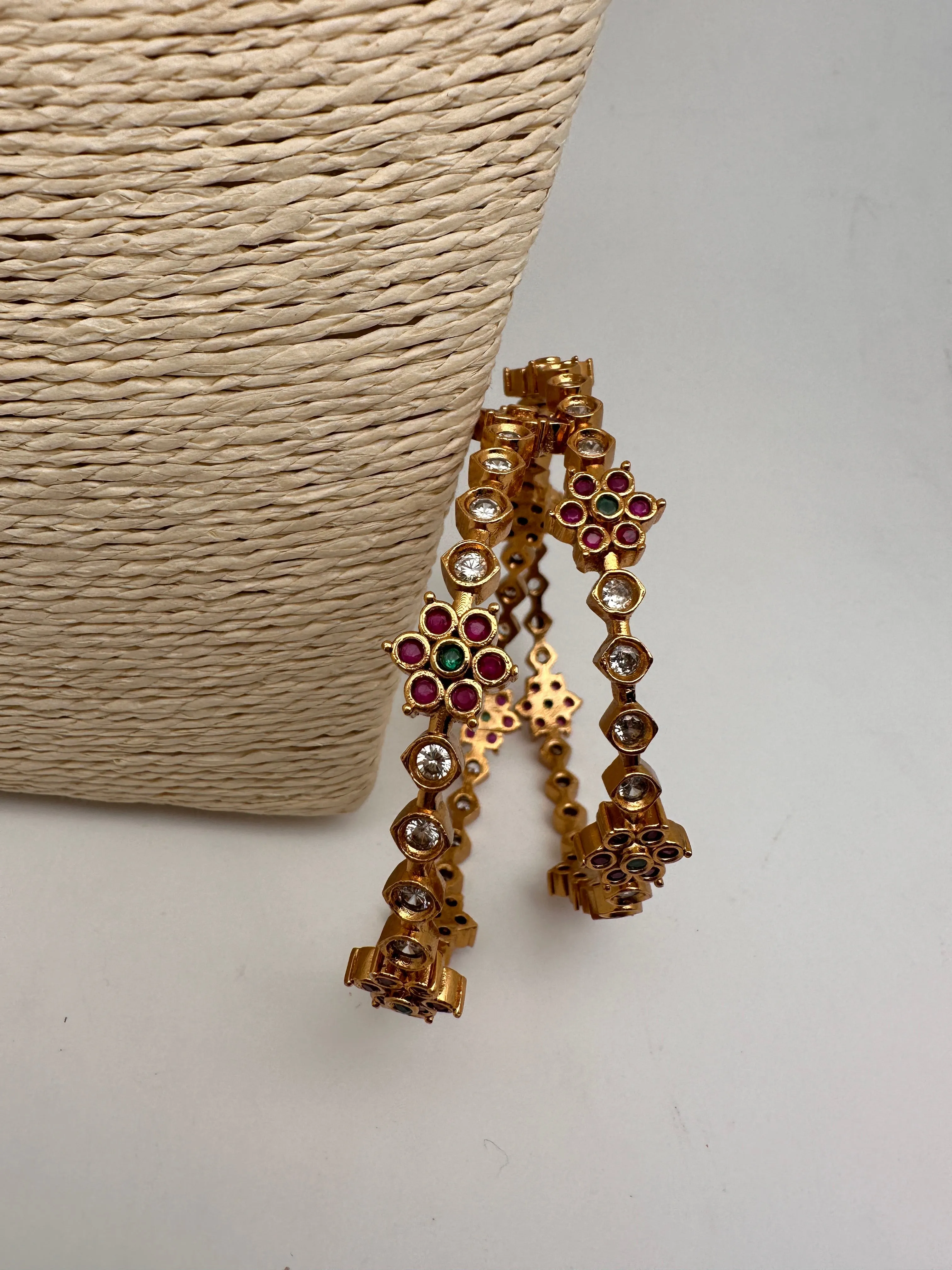 AD Red Green Multi Stone Floral Matte Finish Bangles