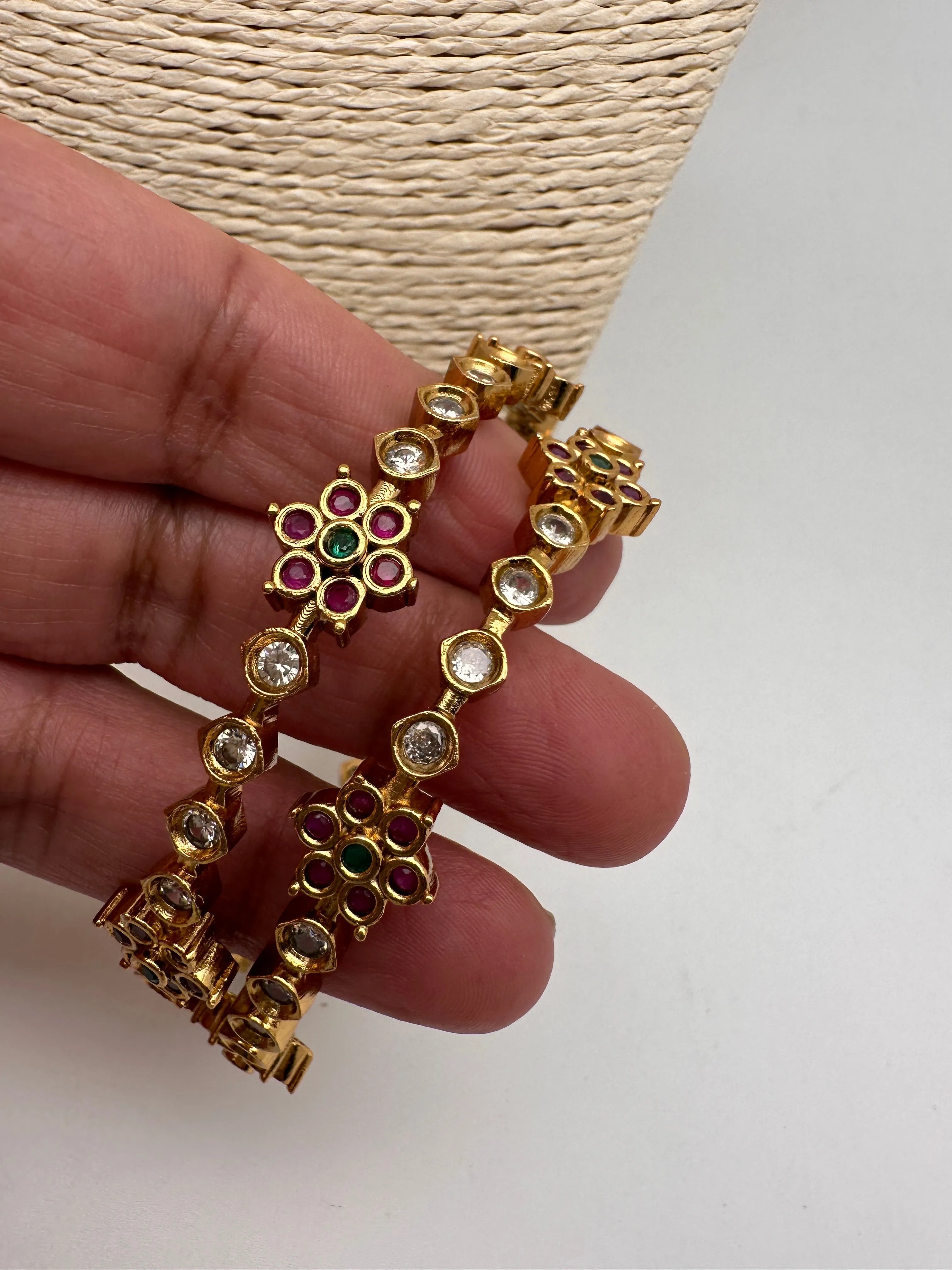 AD Red Green Multi Stone Floral Matte Finish Bangles