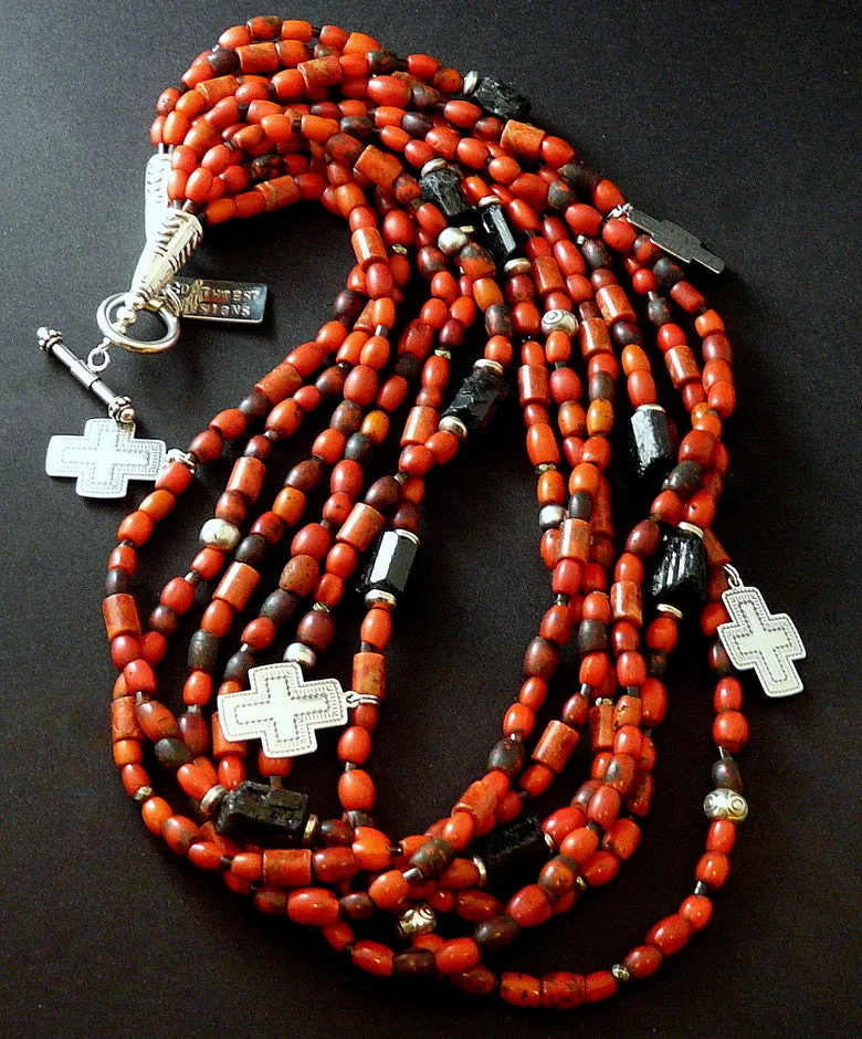 Antique Sherpa Bead 6-Strand Necklace with Coral, Black Tourmaline, Pyrite Nuggets, Pen Shell Heishi & Sterling Silver Cross Charms, Beads and Toggle Clasp