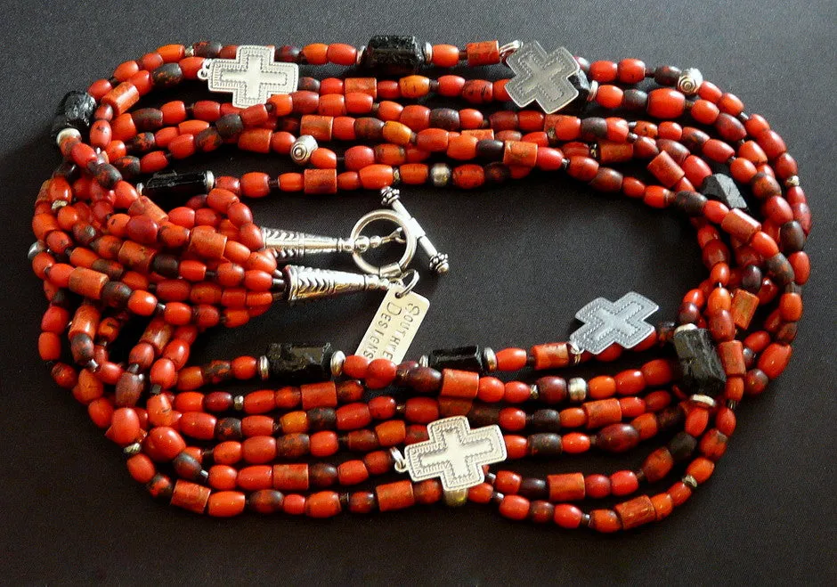 Antique Sherpa Bead 6-Strand Necklace with Coral, Black Tourmaline, Pyrite Nuggets, Pen Shell Heishi & Sterling Silver Cross Charms, Beads and Toggle Clasp