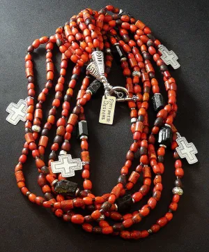 Antique Sherpa Bead 6-Strand Necklace with Coral, Black Tourmaline, Pyrite Nuggets, Pen Shell Heishi & Sterling Silver Cross Charms, Beads and Toggle Clasp