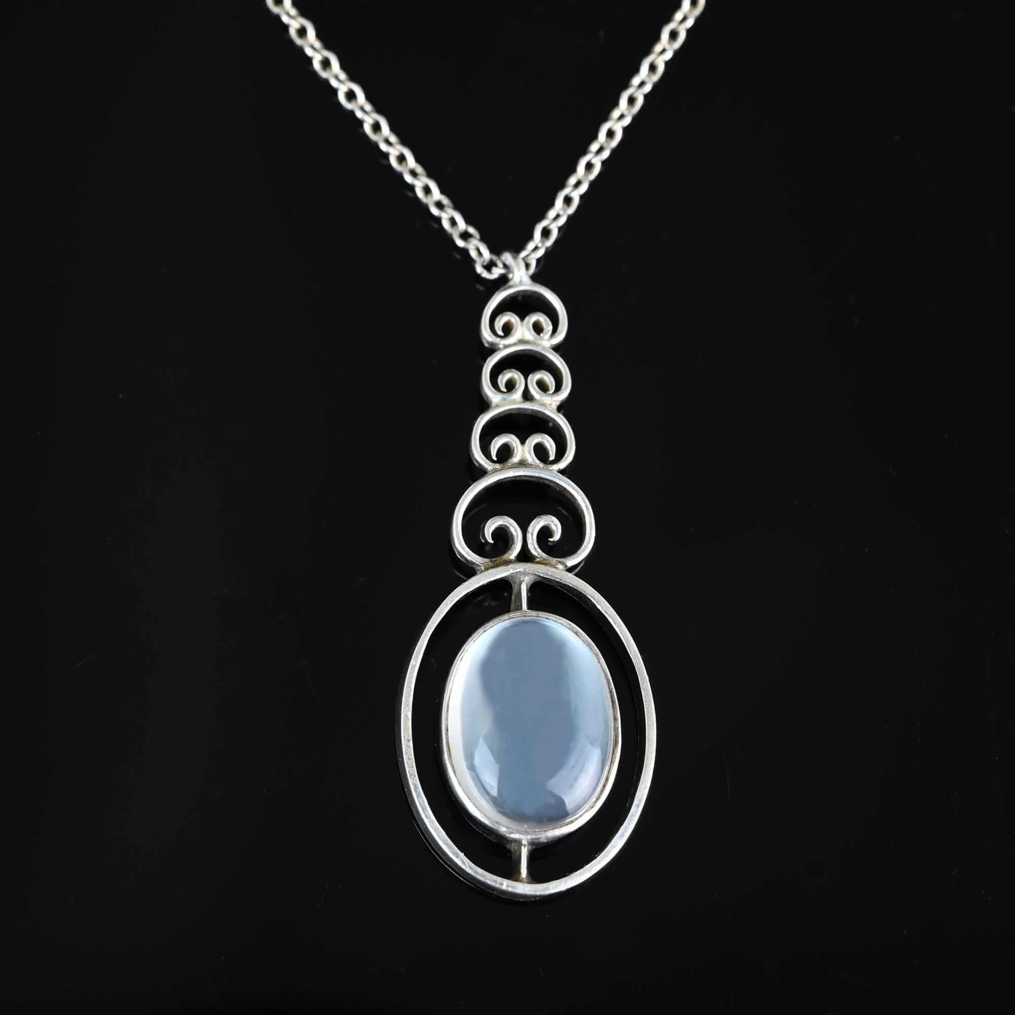 Art Deco Silver Filigree Moonstone Pendant Necklace