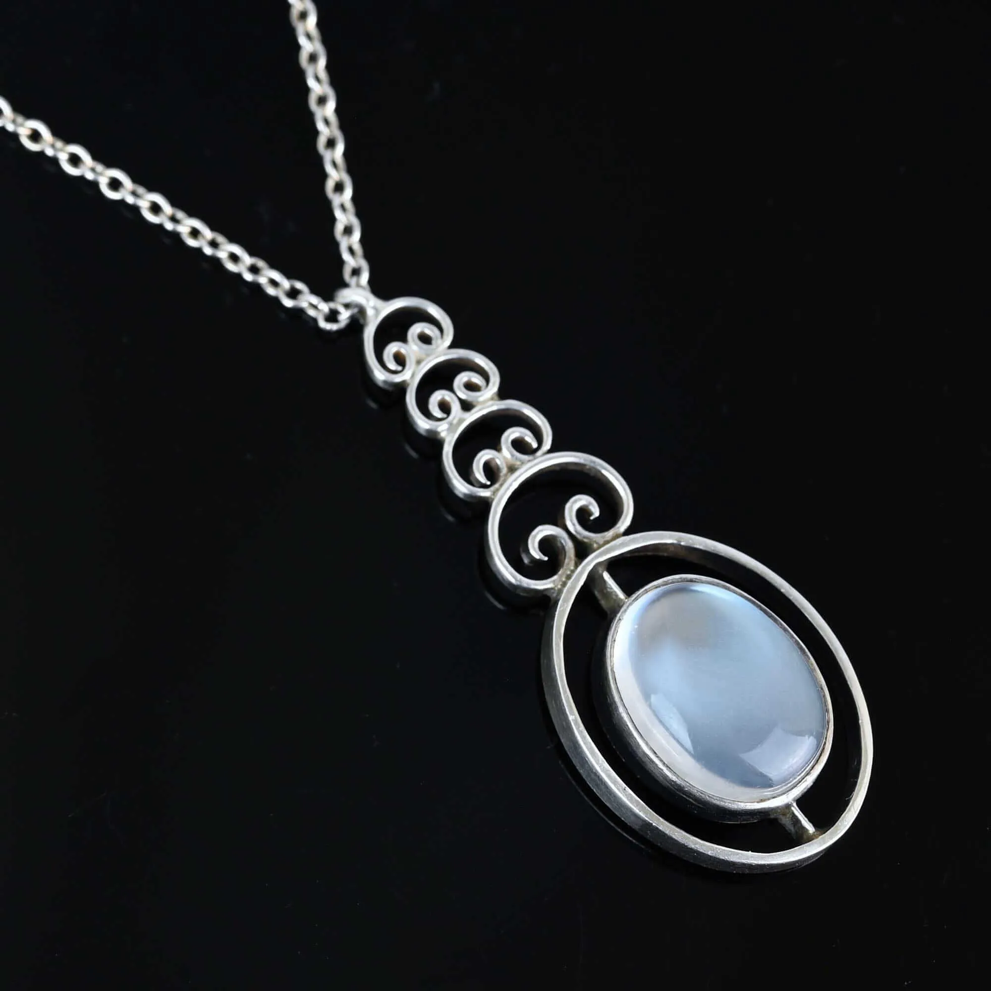 Art Deco Silver Filigree Moonstone Pendant Necklace