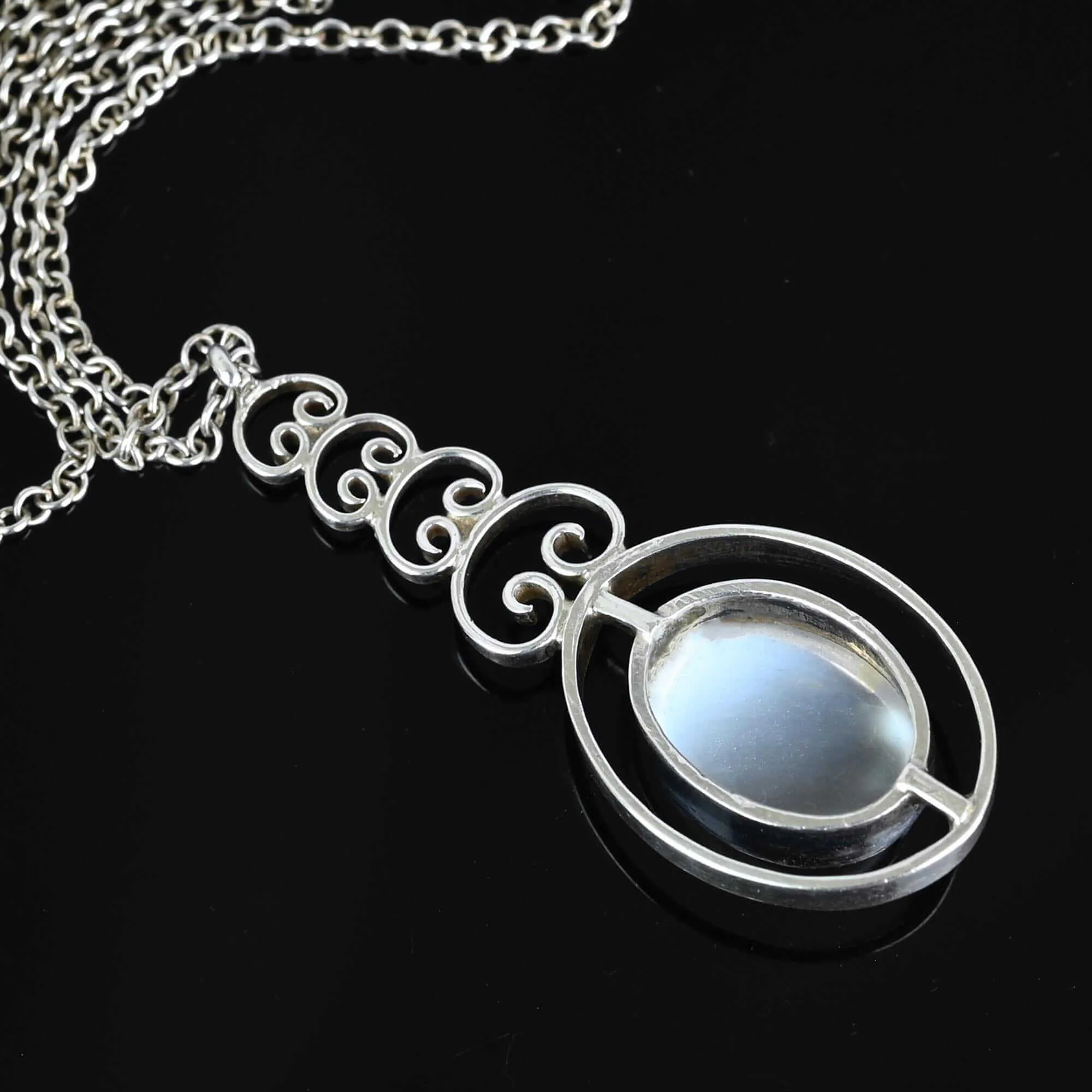 Art Deco Silver Filigree Moonstone Pendant Necklace