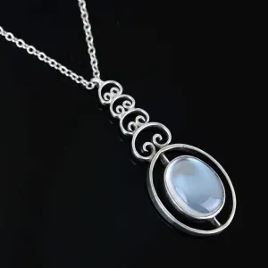 Art Deco Silver Filigree Moonstone Pendant Necklace