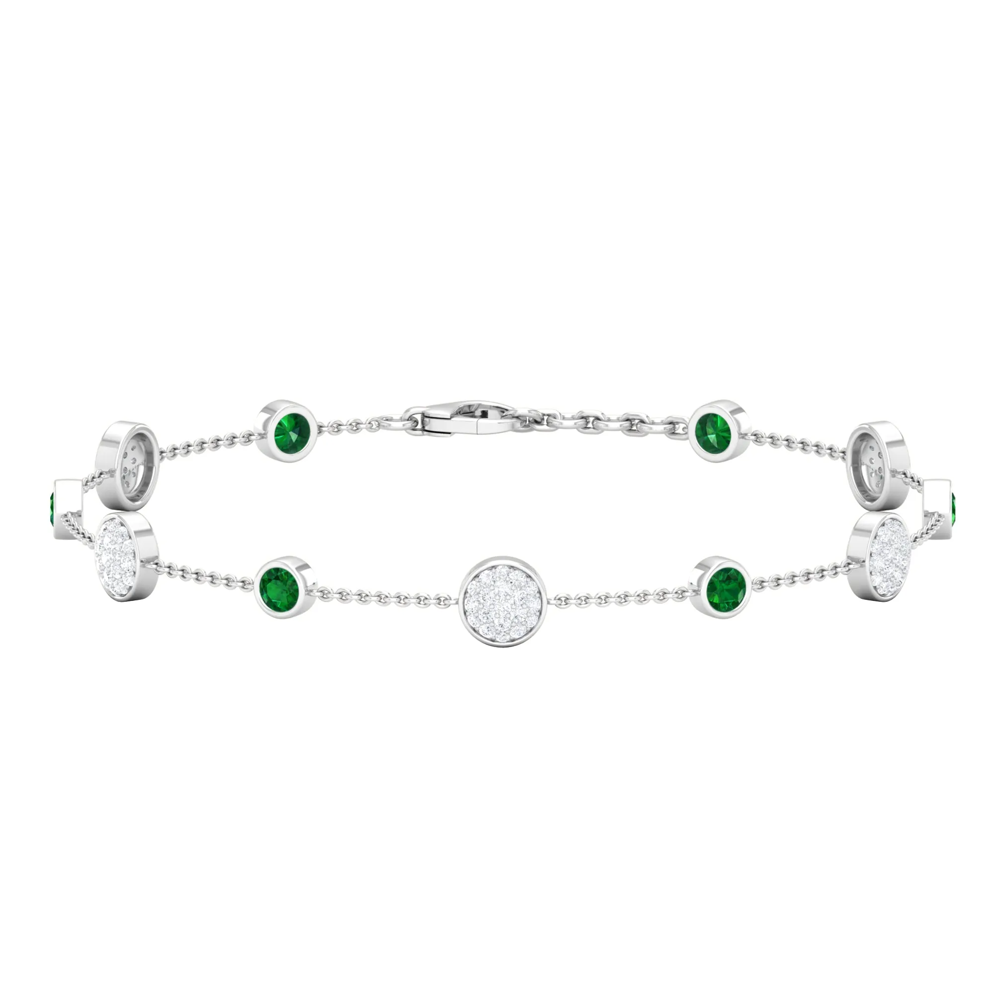 Bezel Set Emerald and Diamond Station Chain Bracelet