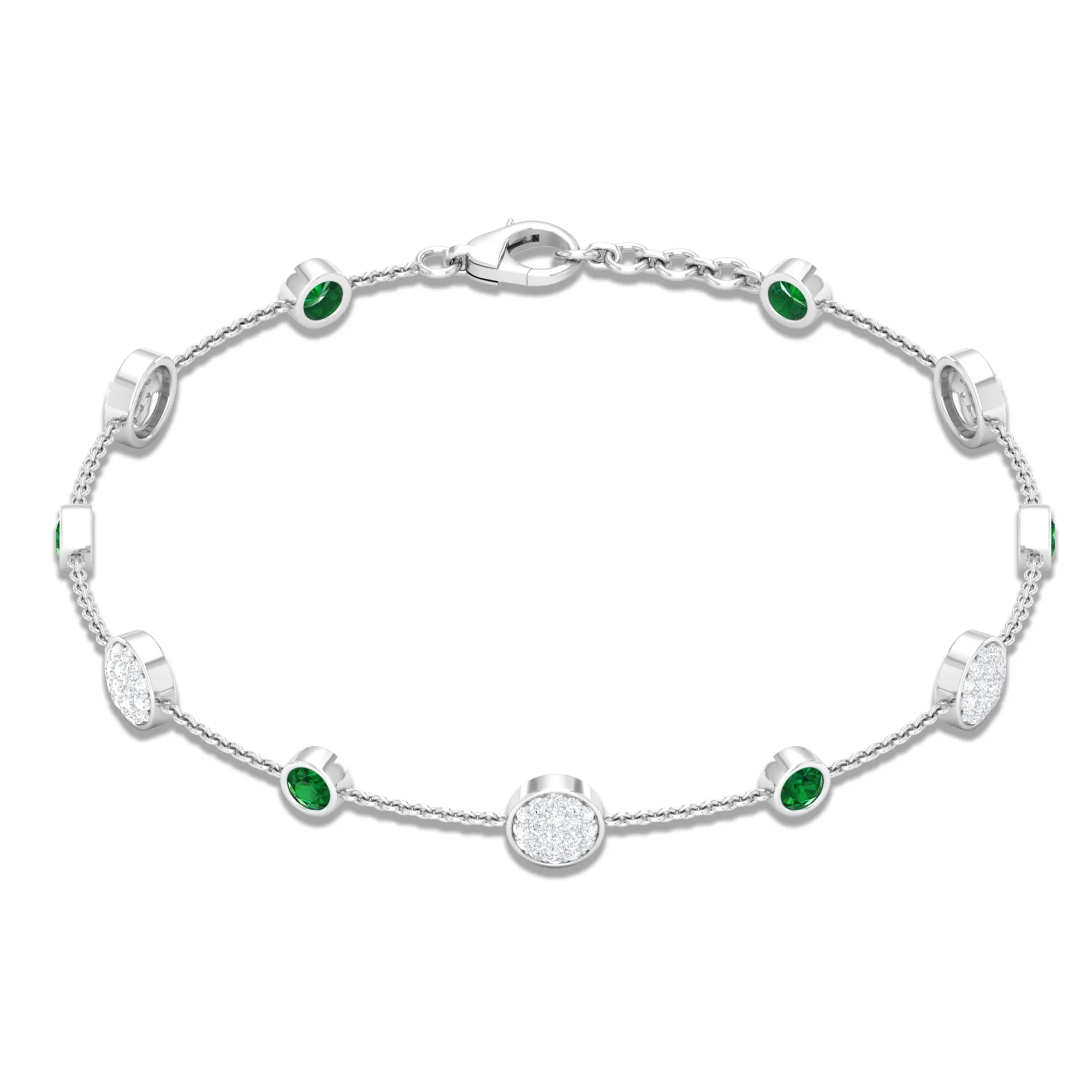 Bezel Set Emerald and Diamond Station Chain Bracelet