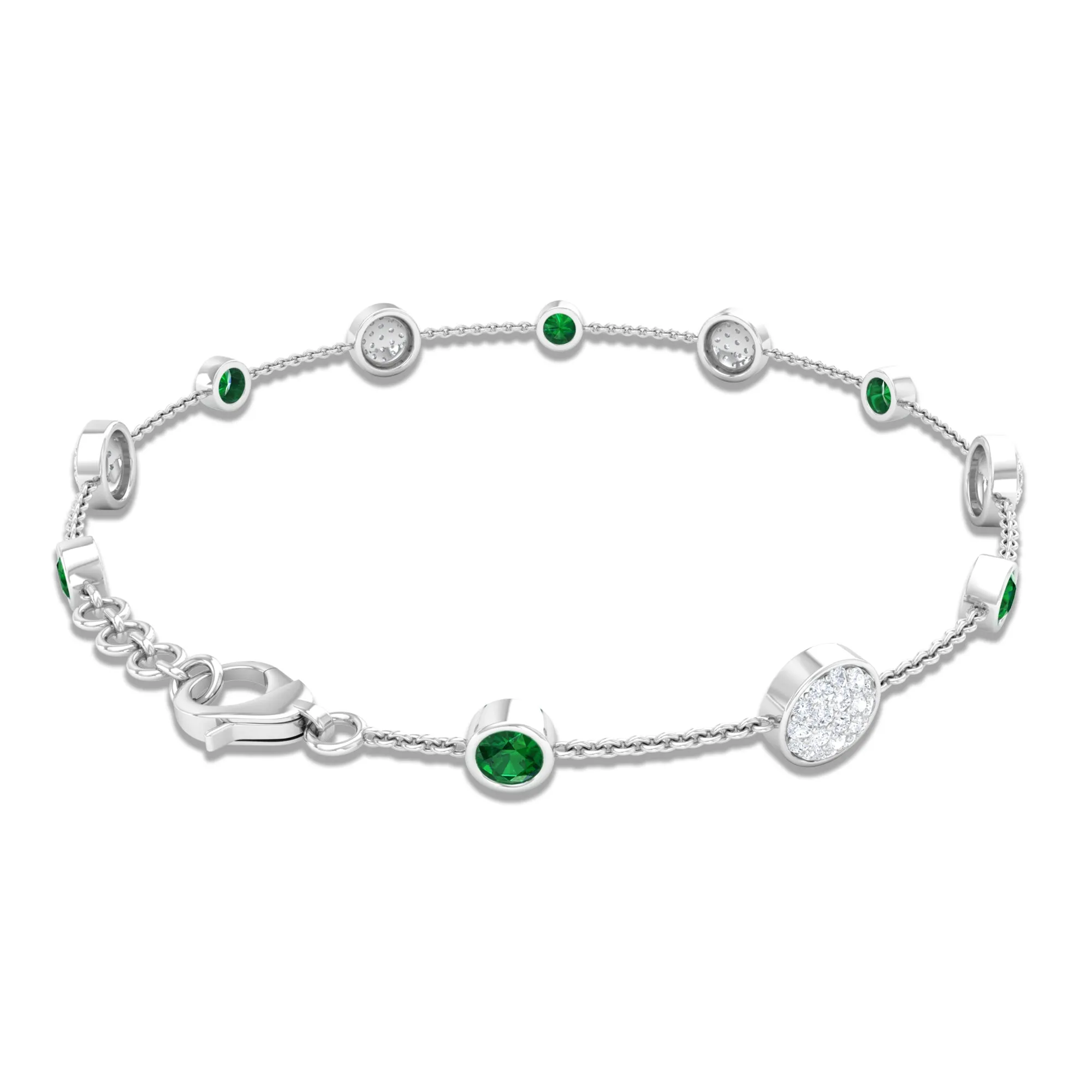 Bezel Set Emerald and Diamond Station Chain Bracelet