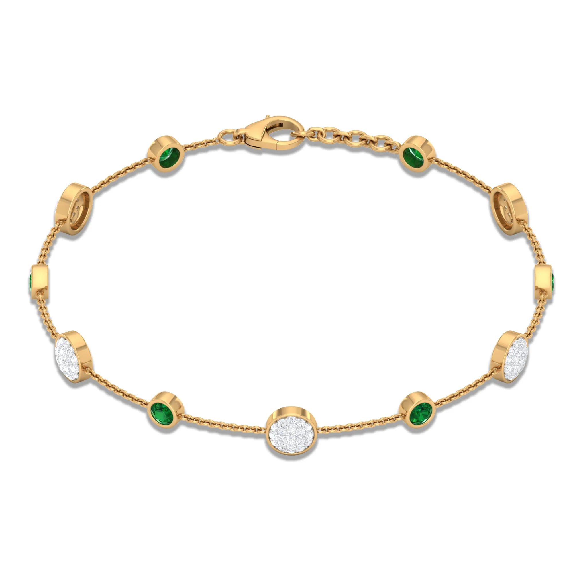 Bezel Set Emerald and Diamond Station Chain Bracelet