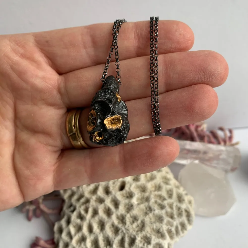 Black ‘rock coral’ pod pendant on oxidised sterling silver chain.