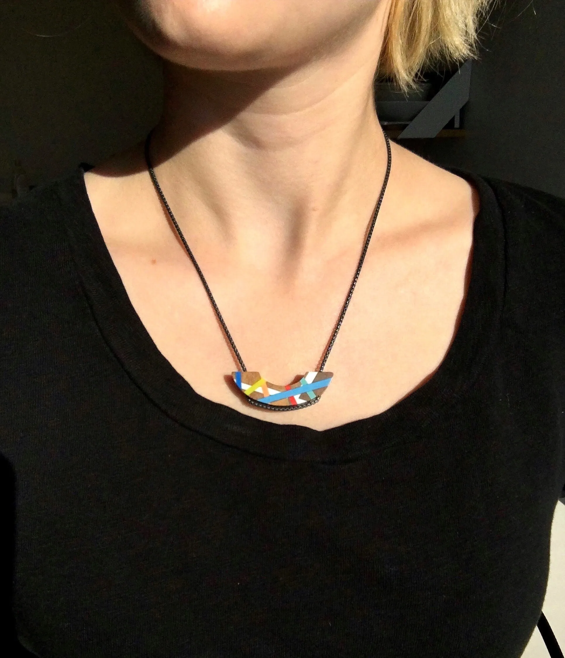 Blue Lime Crescent Wood Necklace