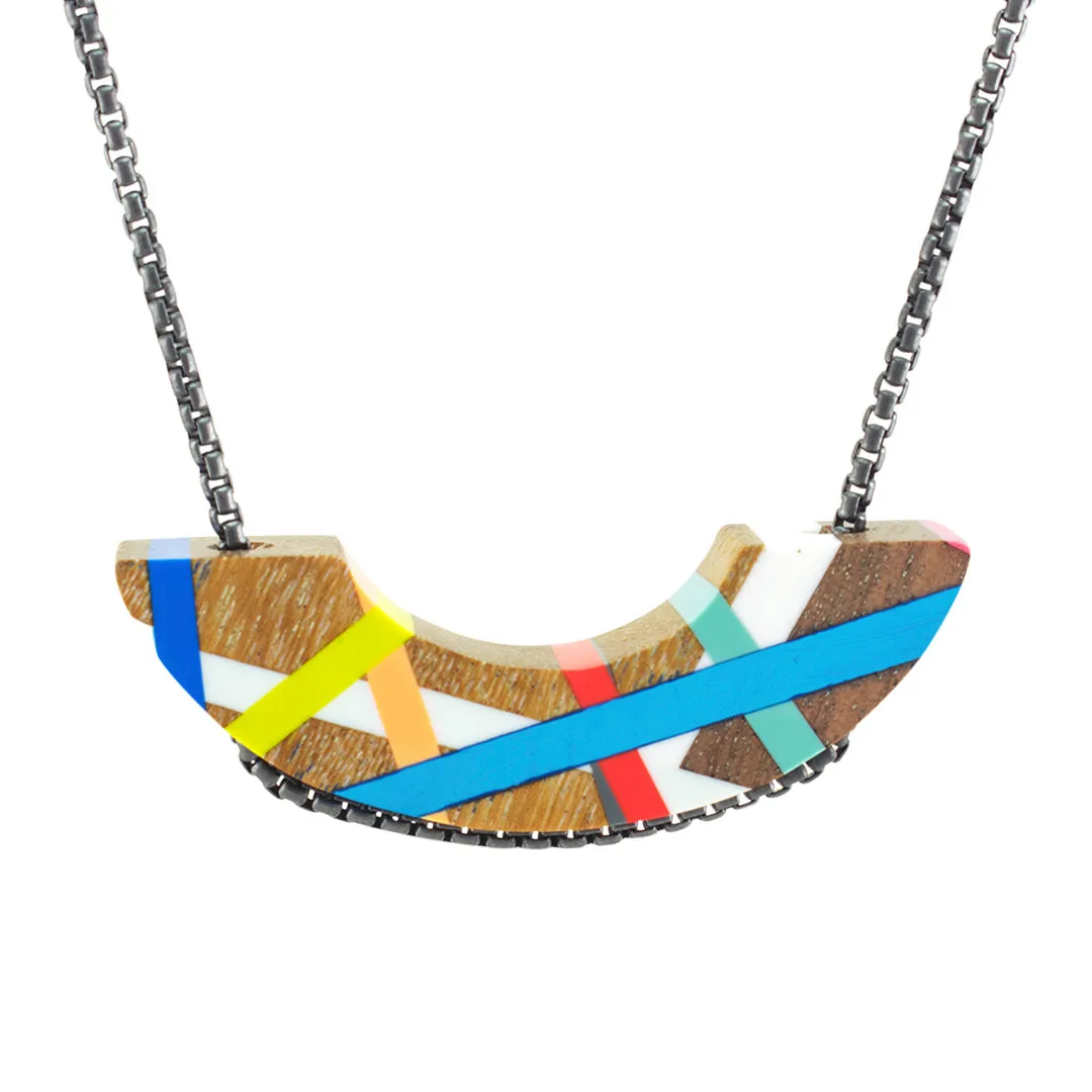 Blue Lime Crescent Wood Necklace