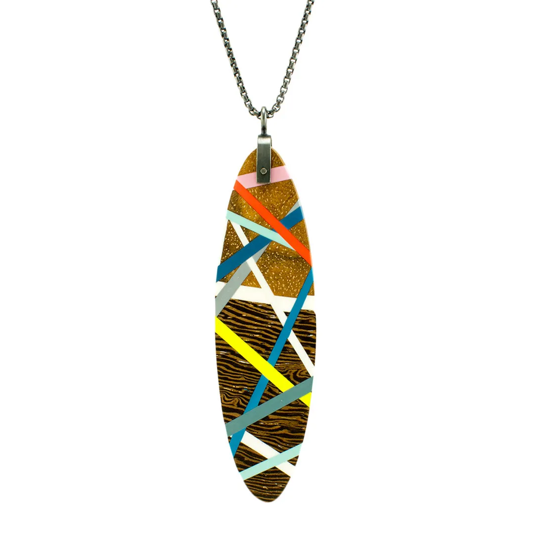 Blue Lime Long Oval Wood Necklace