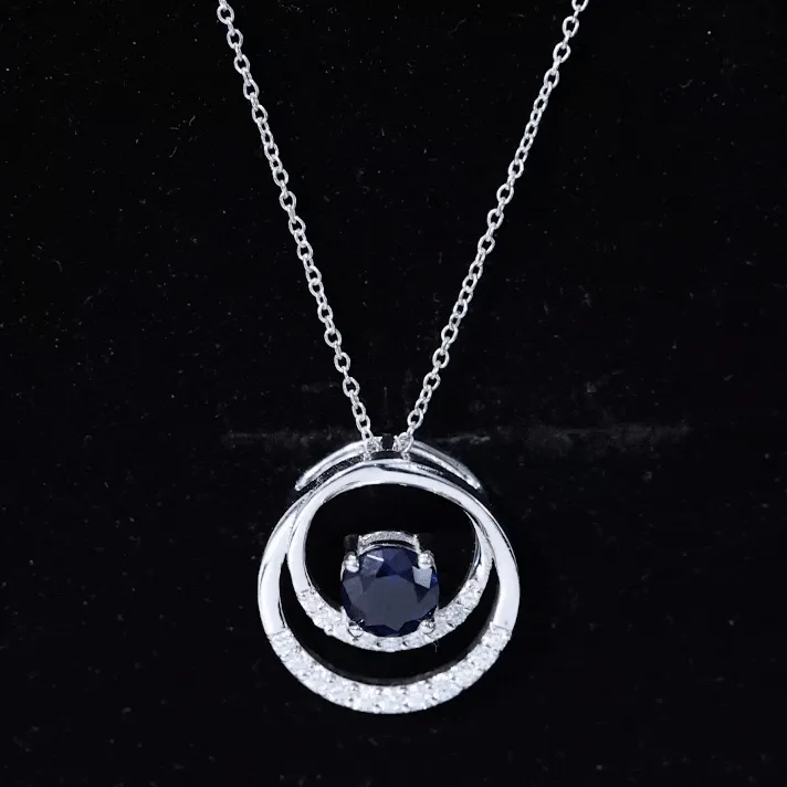 Certified Created Blue Sapphire and Moissanite Open Circle Pendant in Gold