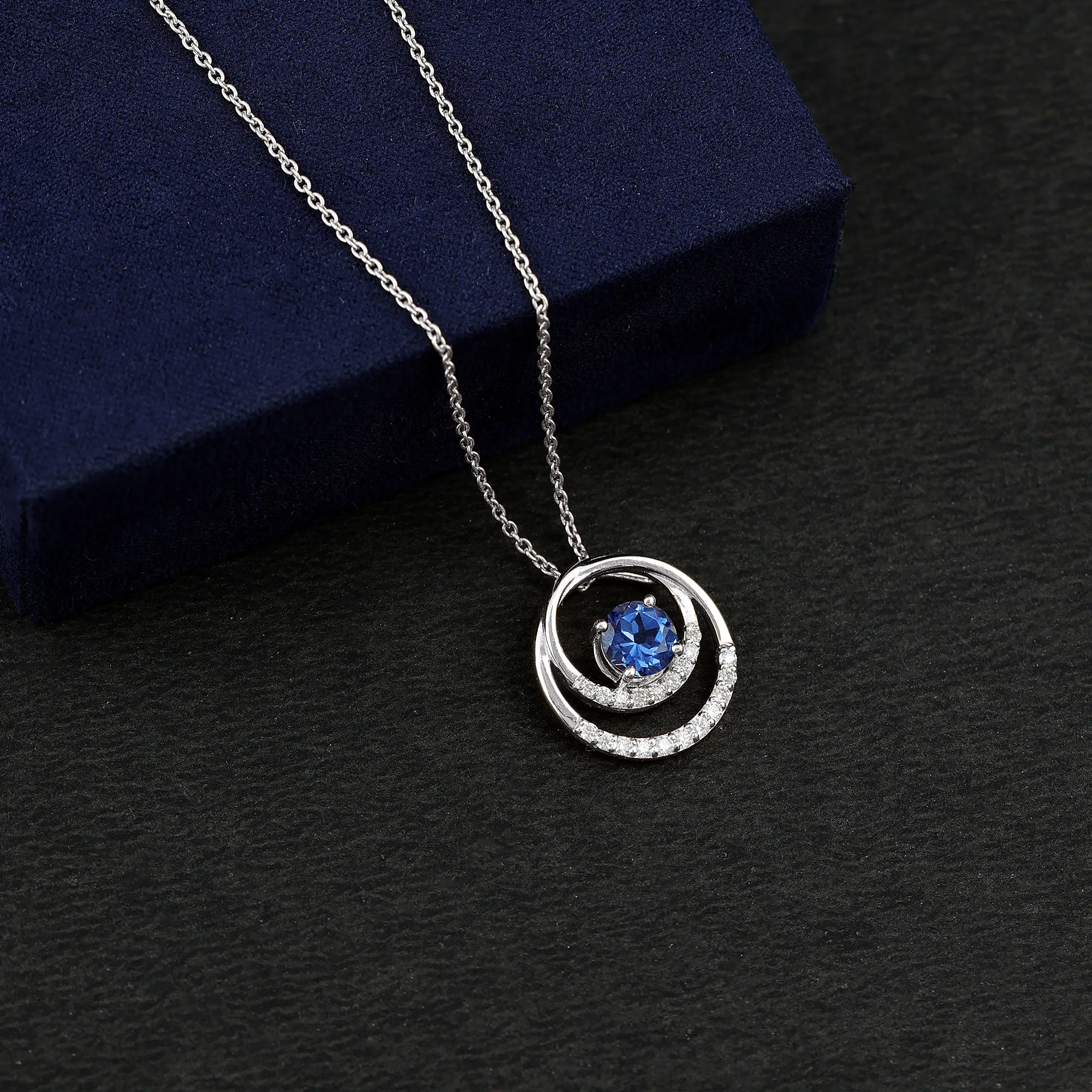 Certified Created Blue Sapphire and Moissanite Open Circle Pendant in Gold