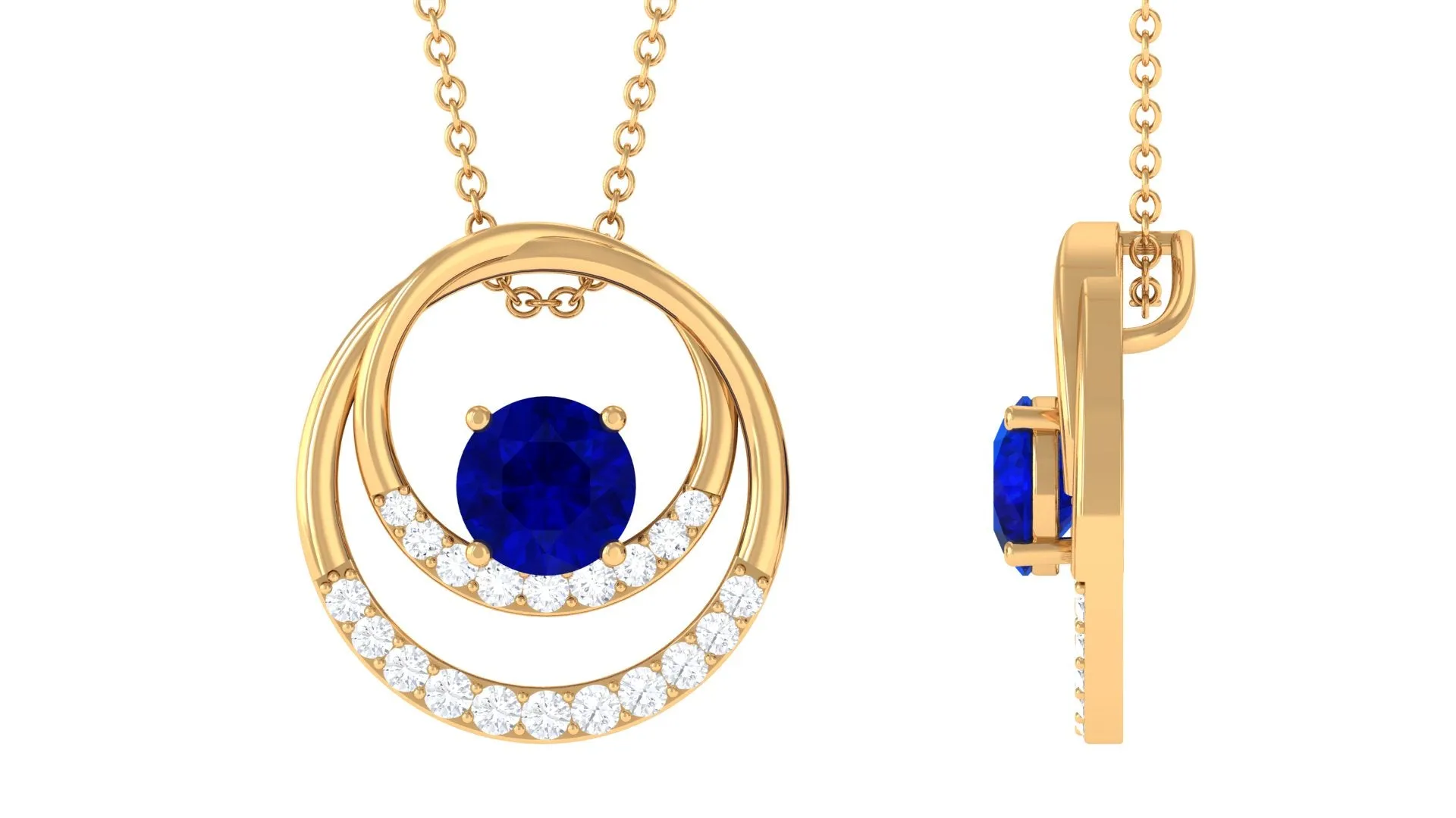 Certified Created Blue Sapphire and Moissanite Open Circle Pendant in Gold