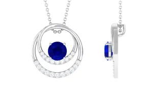 Certified Created Blue Sapphire and Moissanite Open Circle Pendant in Gold